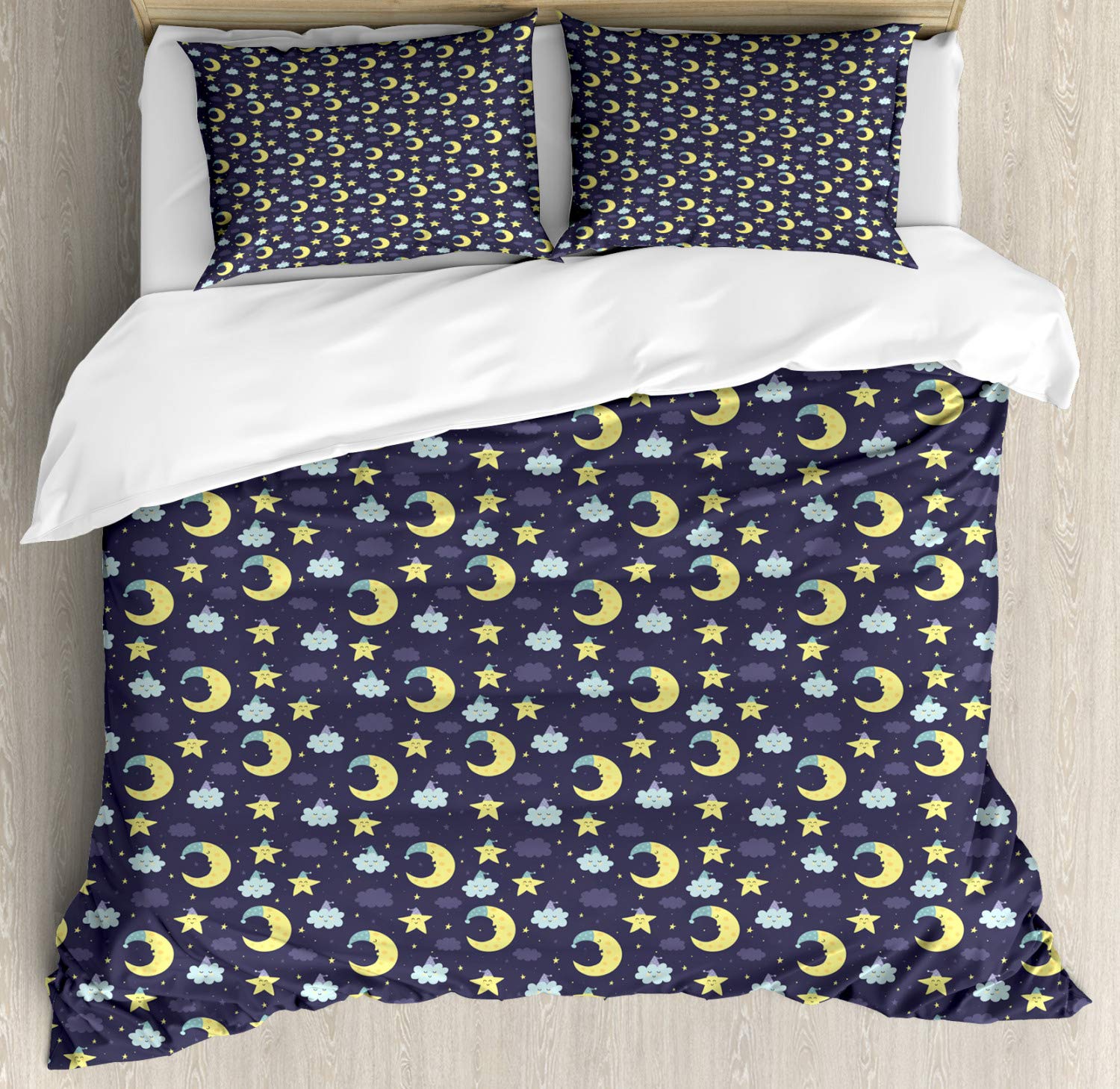 Ambesonne King Size Duvet Cover Set - 2 Pack Dark Purple & Pale Blue with Moons, Stars, Clouds & Hats Design | Bedding Set Includes 2 Duvet Covers & 4 Pillowcases | Perfect for Cozy Bedrooms, Guest Rooms & Bohemian Home Decor
