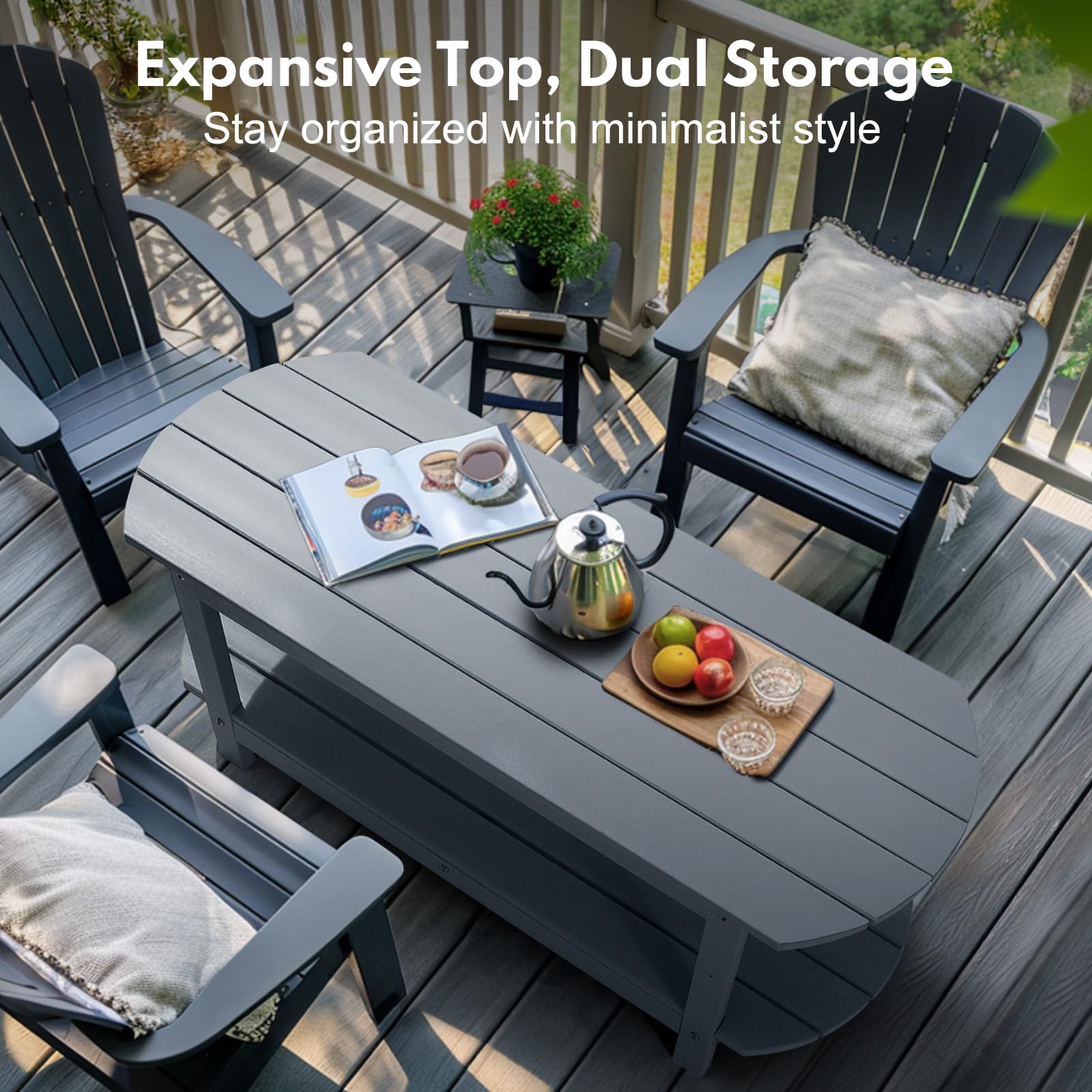 PASAMIC HDPE Outdoor Coffee Table with 2-Tier Storage - Weather-Resistant Rectangular Patio Dining Table for Poolside, Deck, Backyard - Durable Gray Garden Furniture for Outdoor Entertaining & Relaxation