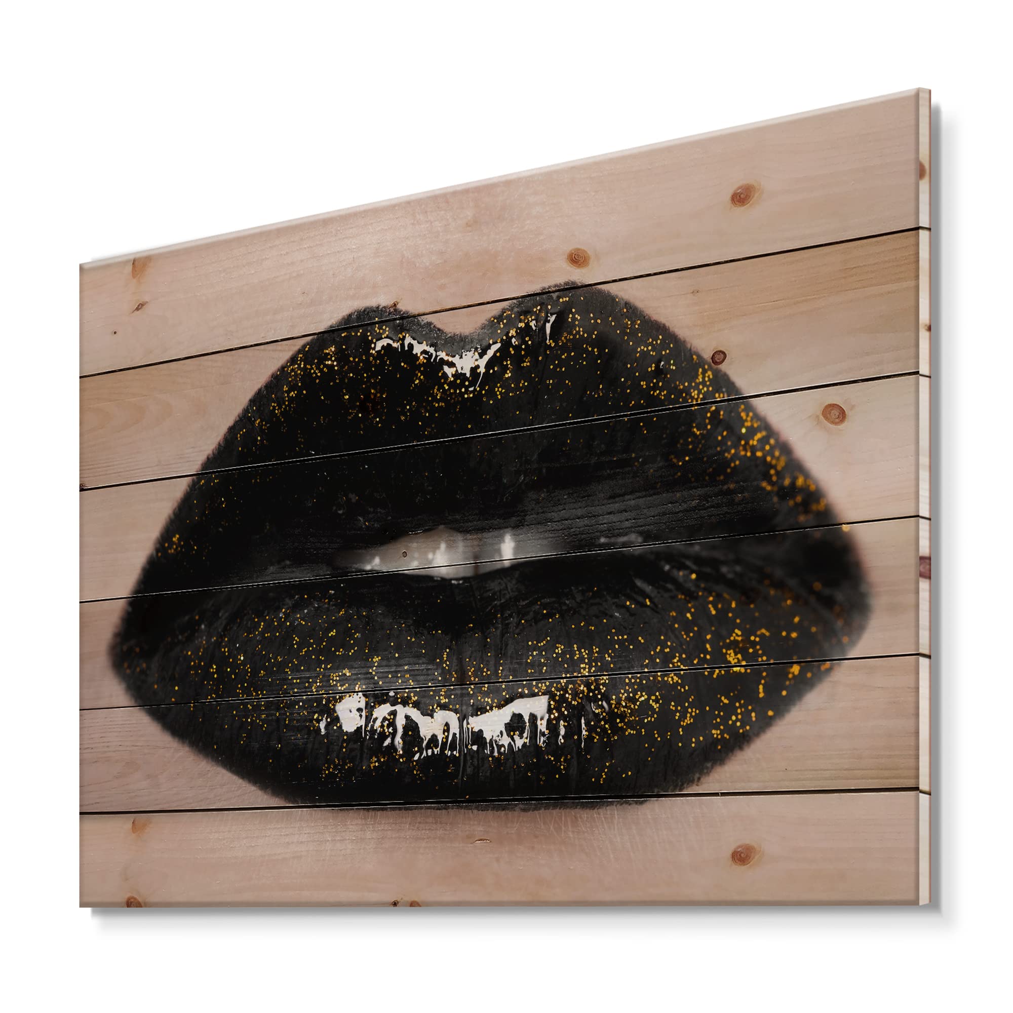 Modern Wood Wall Art - Black Pine Wood Panels with Lips Print for Home Decor