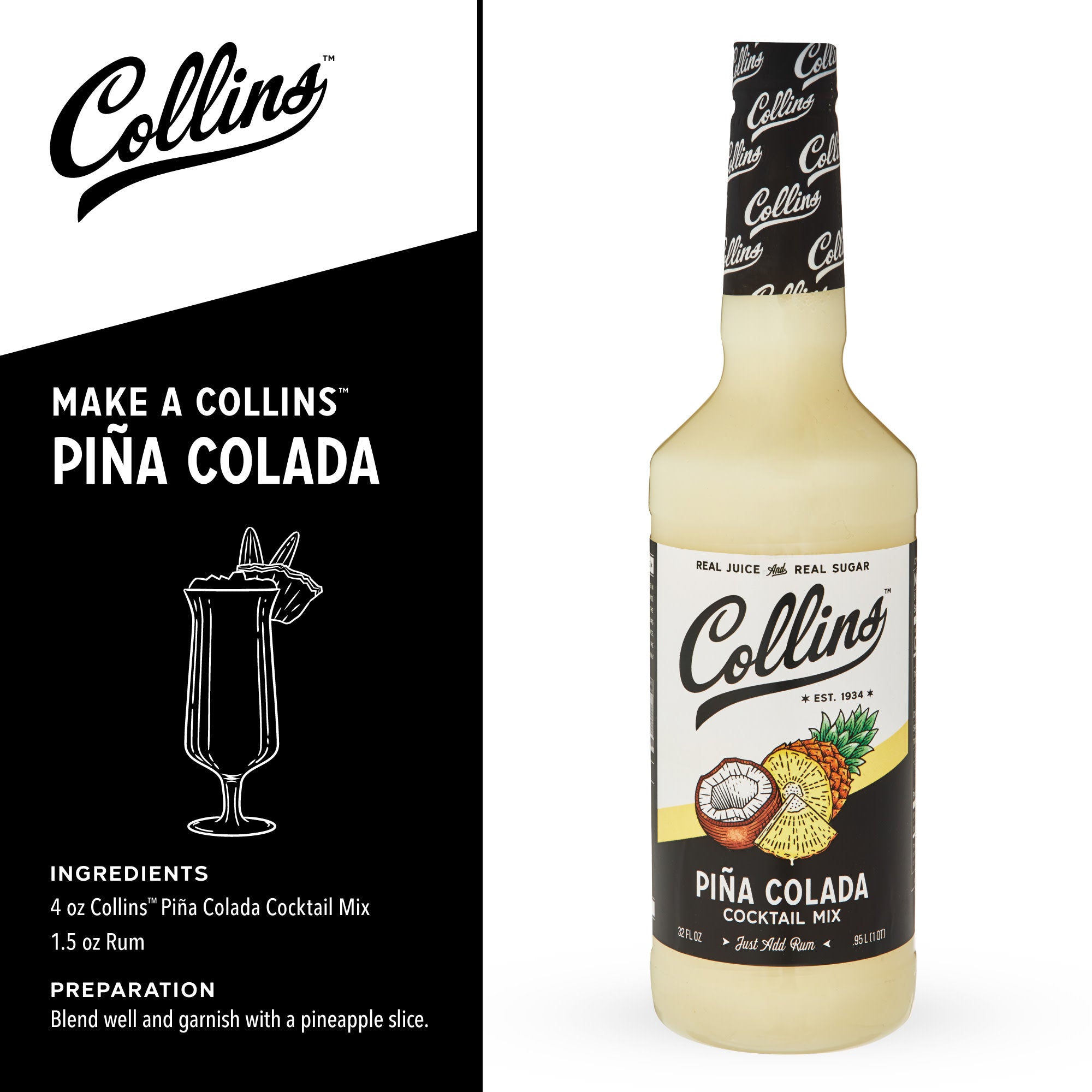 Piña Colada Cocktail Mix - 32 oz Premium Coconut & Pineapple Drink Mix for Tropical Parties, Summer Cocktails & Beach Themed Events