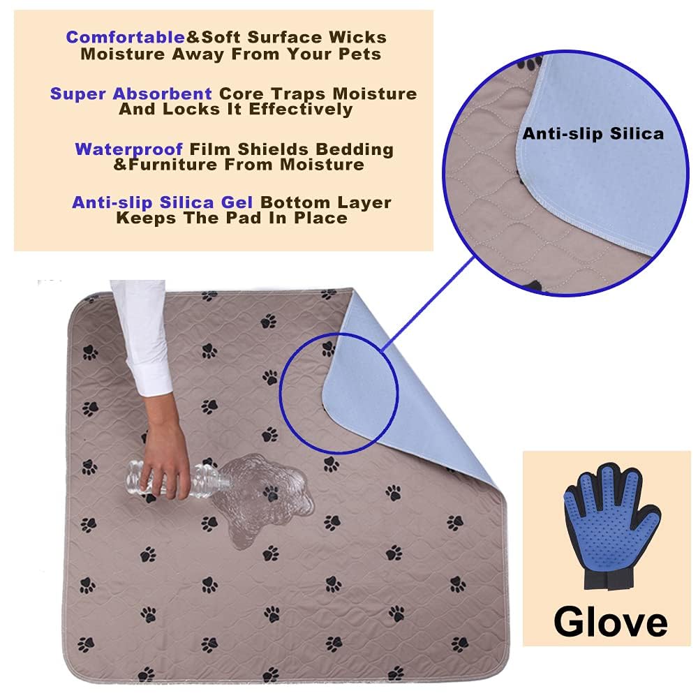 **Washable & Reusable Dog Pee Pads with Puppy Grooming Gloves - Super Absorbent Waterproof Pet Training Pads for Puppies & Large Dogs - Perfect for Indoor Potty Training, Dog Beds & Whelping Areas**