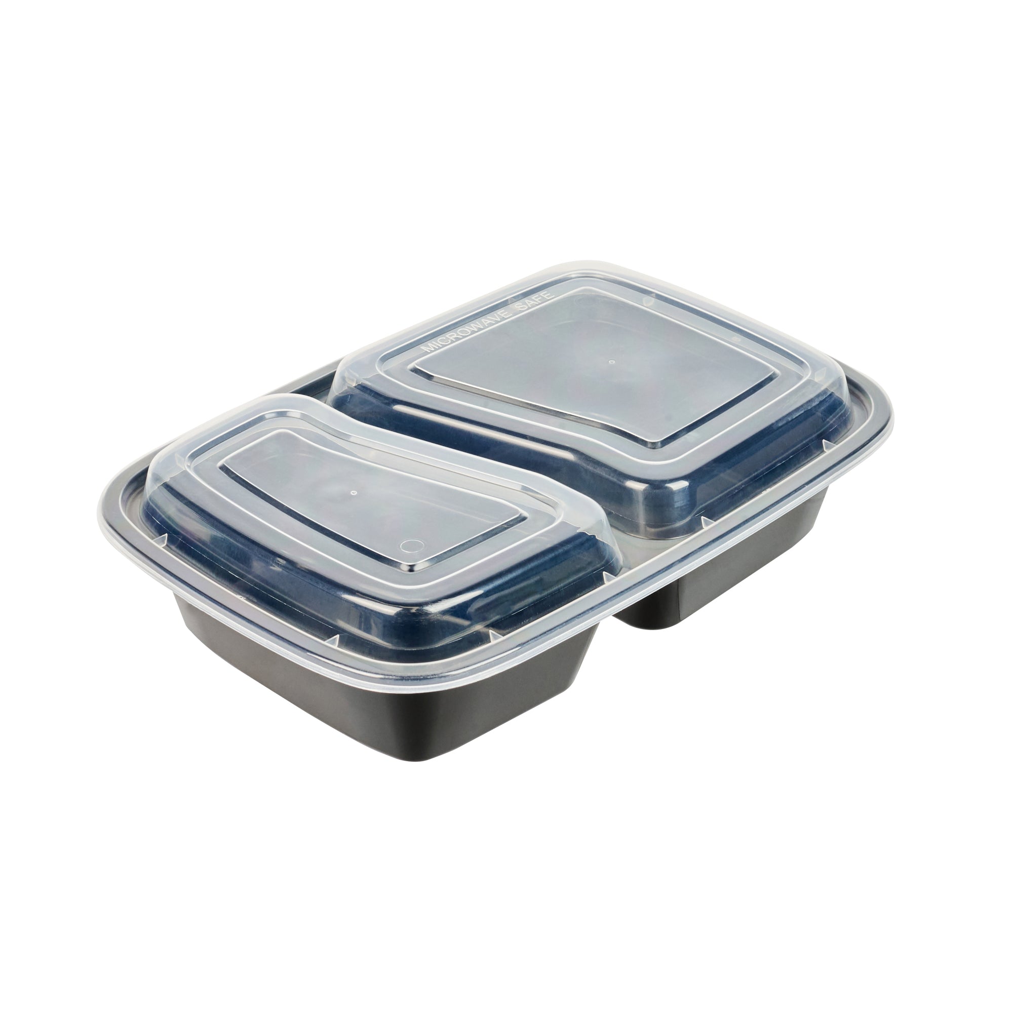32 oz Black Plastic 2 Compartment Food Storage Containers with Clear Lids - Microwave Safe, 8.75