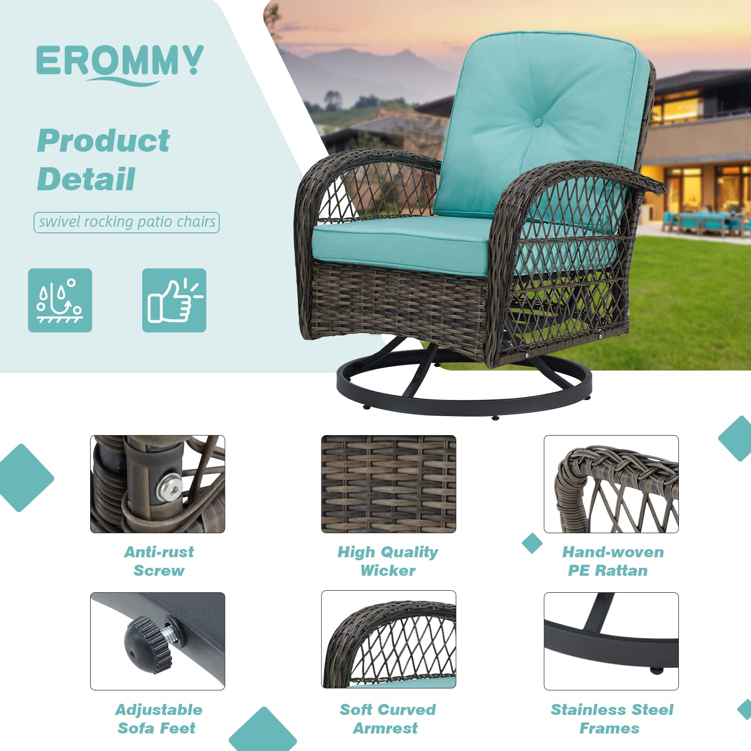 EROMMY 3-Piece Outdoor Swivel Rocking Chair Set with 360° Rotation, Thickened Cushions & Glass Coffee Table - Patio Conversation Furniture for Backyard, Garden or Poolside (Blue)