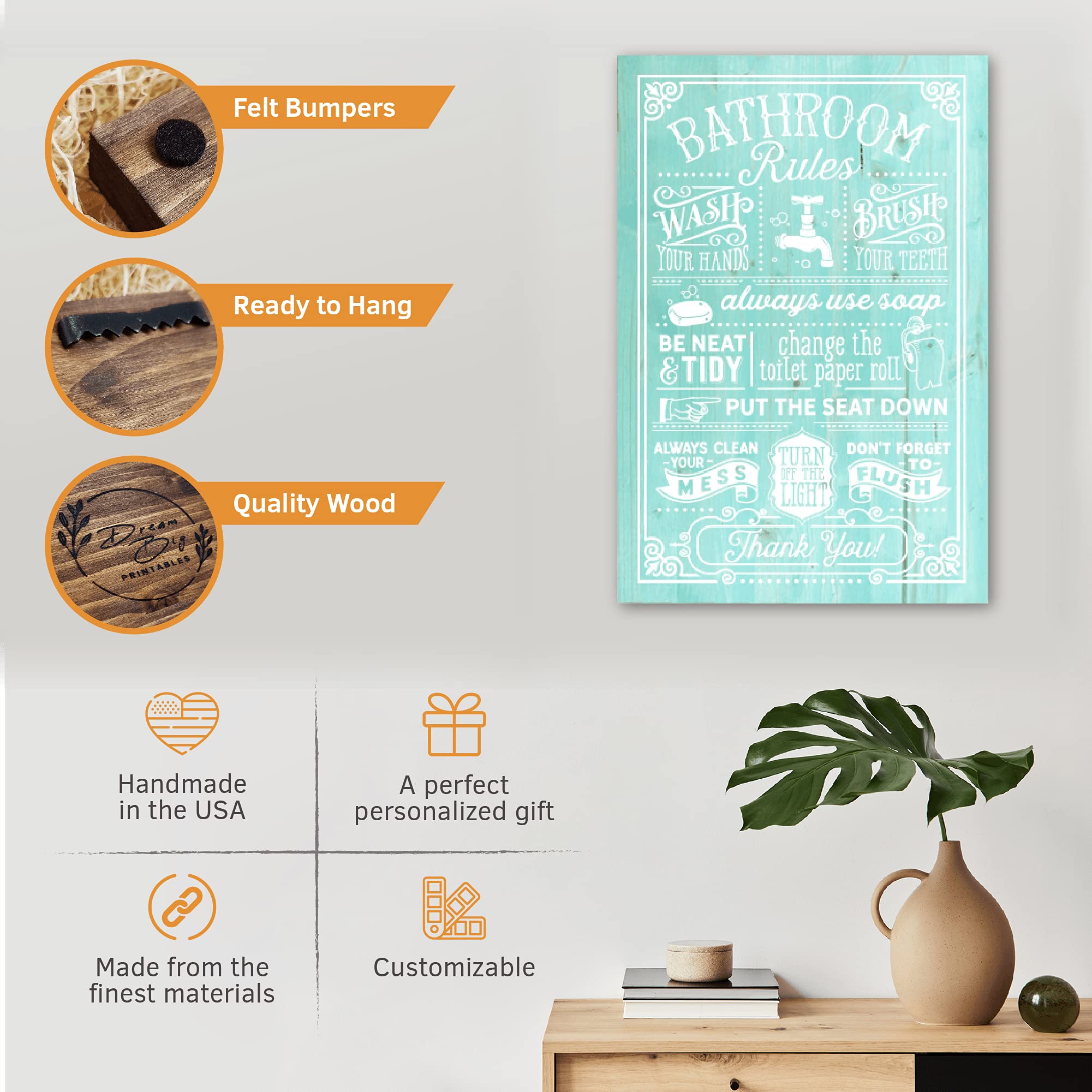 Bathroom Rules Sign 16x24 Inches - Handmade Wooden Wall Decor for Bathroom, Farmhouse & Rustic Style - Ready to Hang | Perfect for Home, Guest Bath & Powder Room Decorations