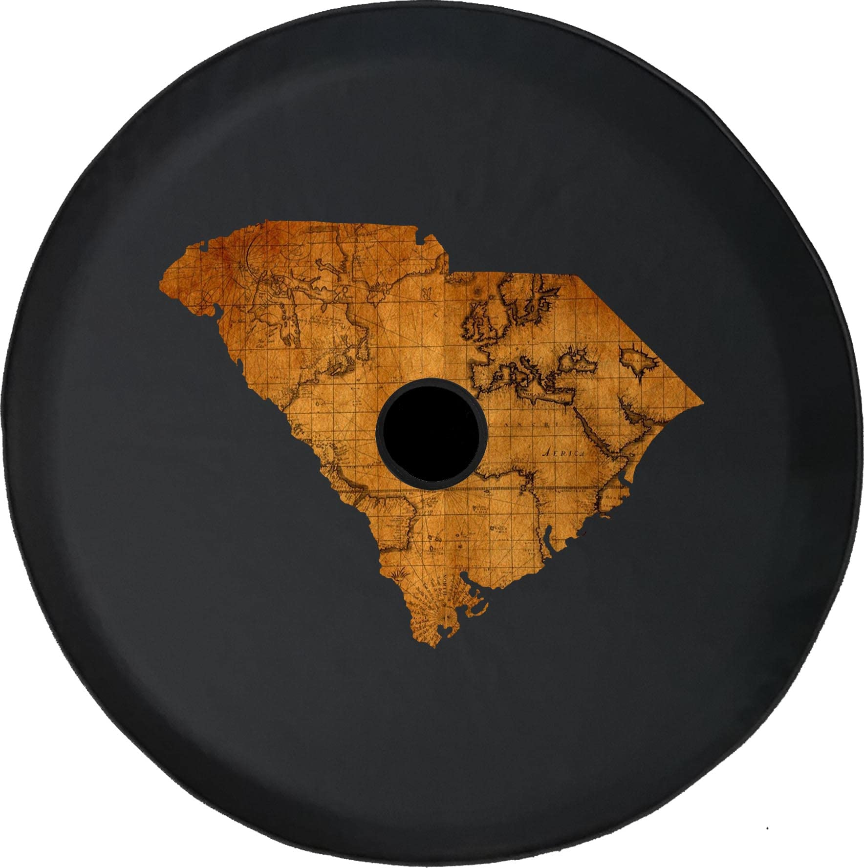 33 Inch Spare Tire Cover with Backup Camera Hole - Old World Travel Map Design in Black | Perfect for Jeep, SUV, and Truck Accessories | South Carolina Road Trip Essentials