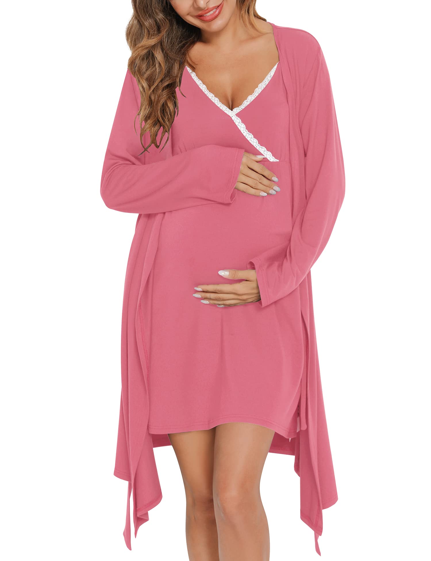 SWOMOG Women's 2-Piece Maternity Robe & Nursing Nightgown - 3-in-1 Breastfeeding Dress with Lace Trim for Labor, Delivery & Postpartum | Soft Nursing Pajama Set for Hospital, Home & Breastfeeding Comfort
