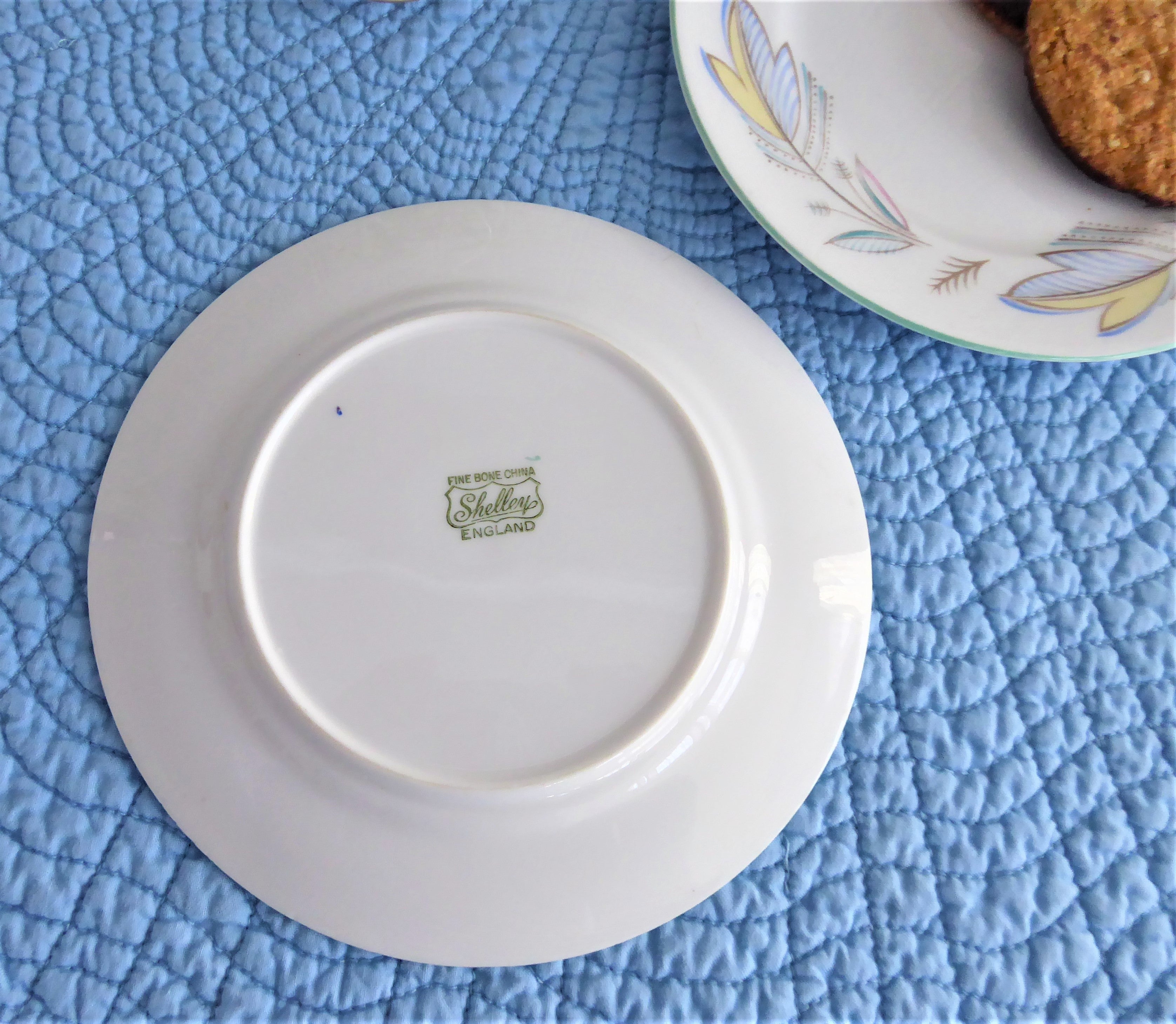 Vintage Shelley China Plate Pair - Caprice Green Trim, 6 Inch Bread & Side Plates, 1960s Retro Tea Party Set for Cake, Desserts & Elegant Dining