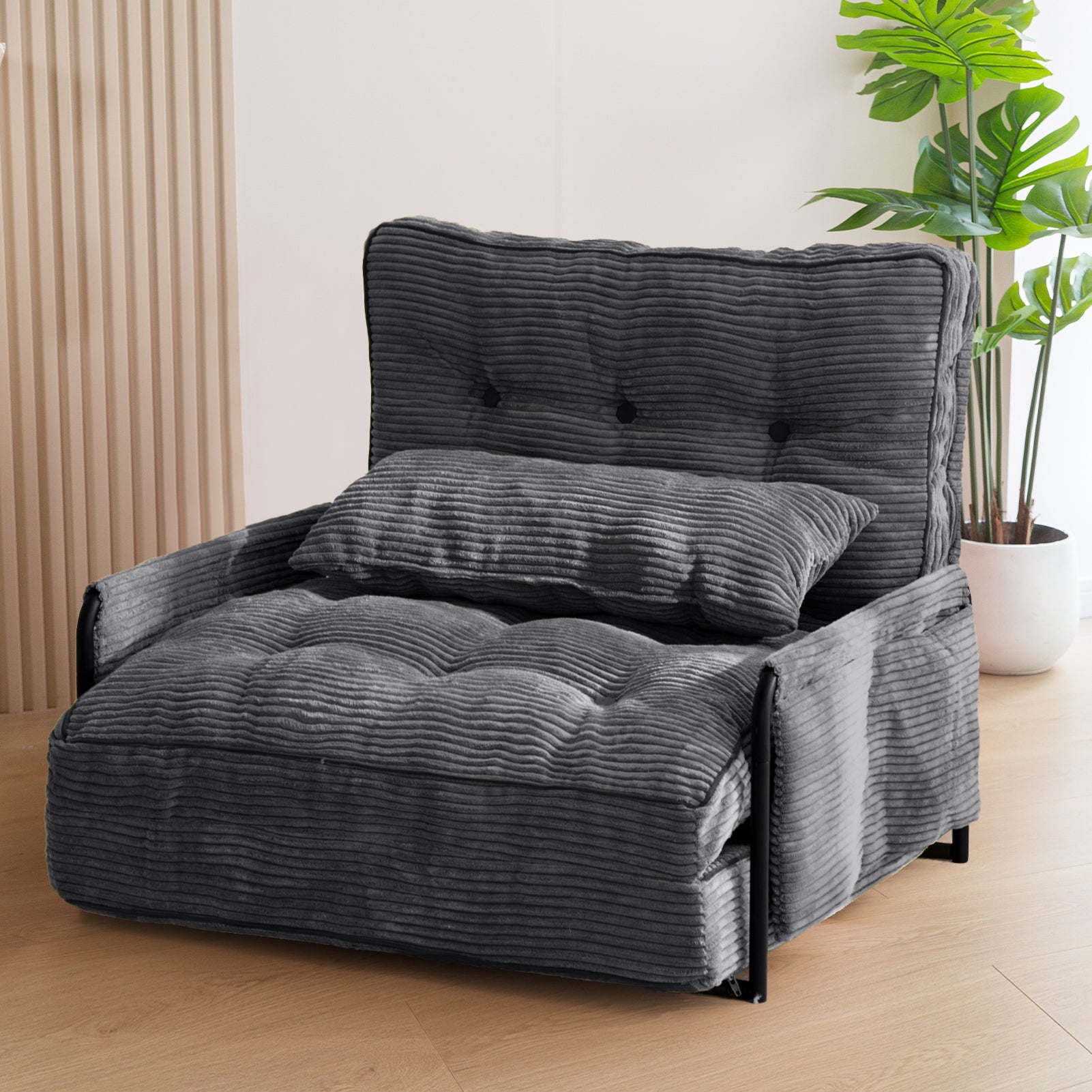 MAXYOYO Adjustable Floor Sofa Bed - 5 Position Foldable Lazy Couch with Removable Pillow & Armrests - Single Size Dark Grey for Living Room, Bedroom & Small Spaces