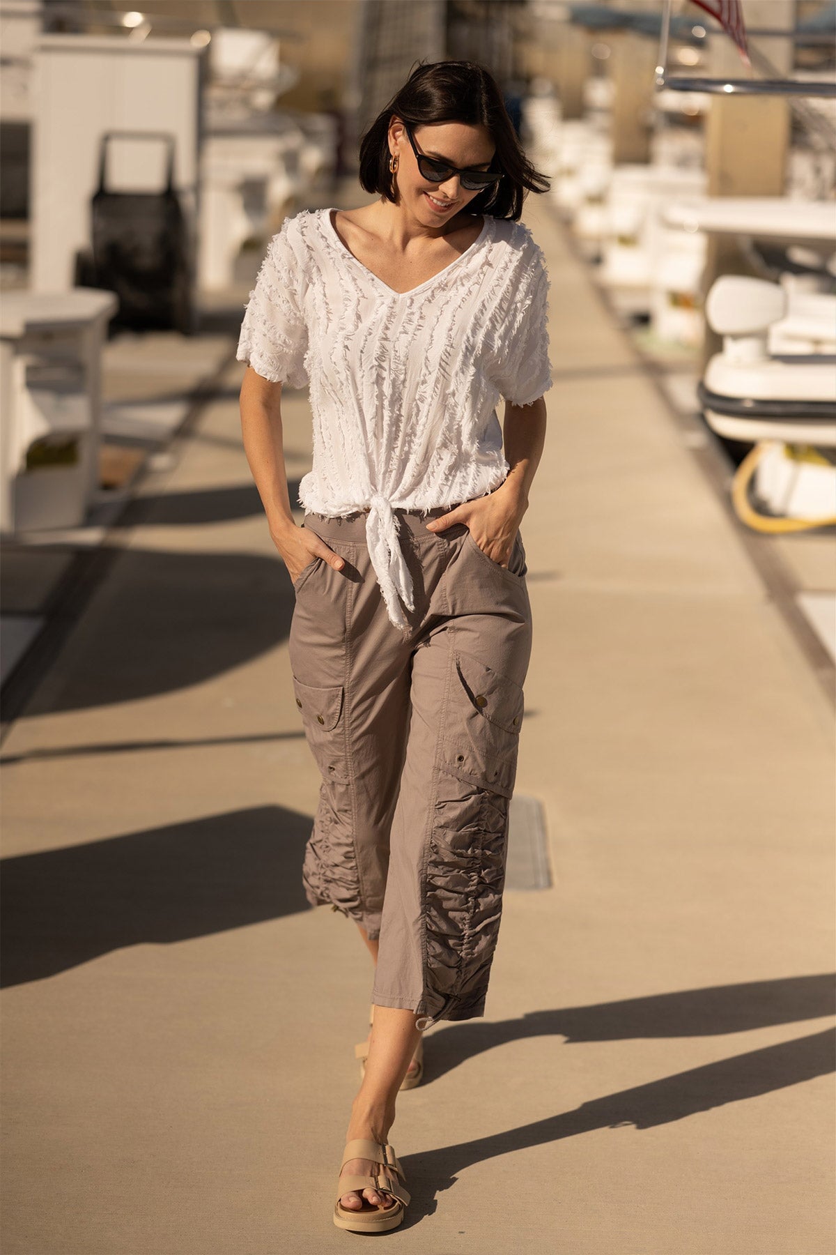 Curine Striped Voile & Jersey Knotted V-Neck Top for Women - Casual Summer Blouse for Beach, Party & Everyday Wear