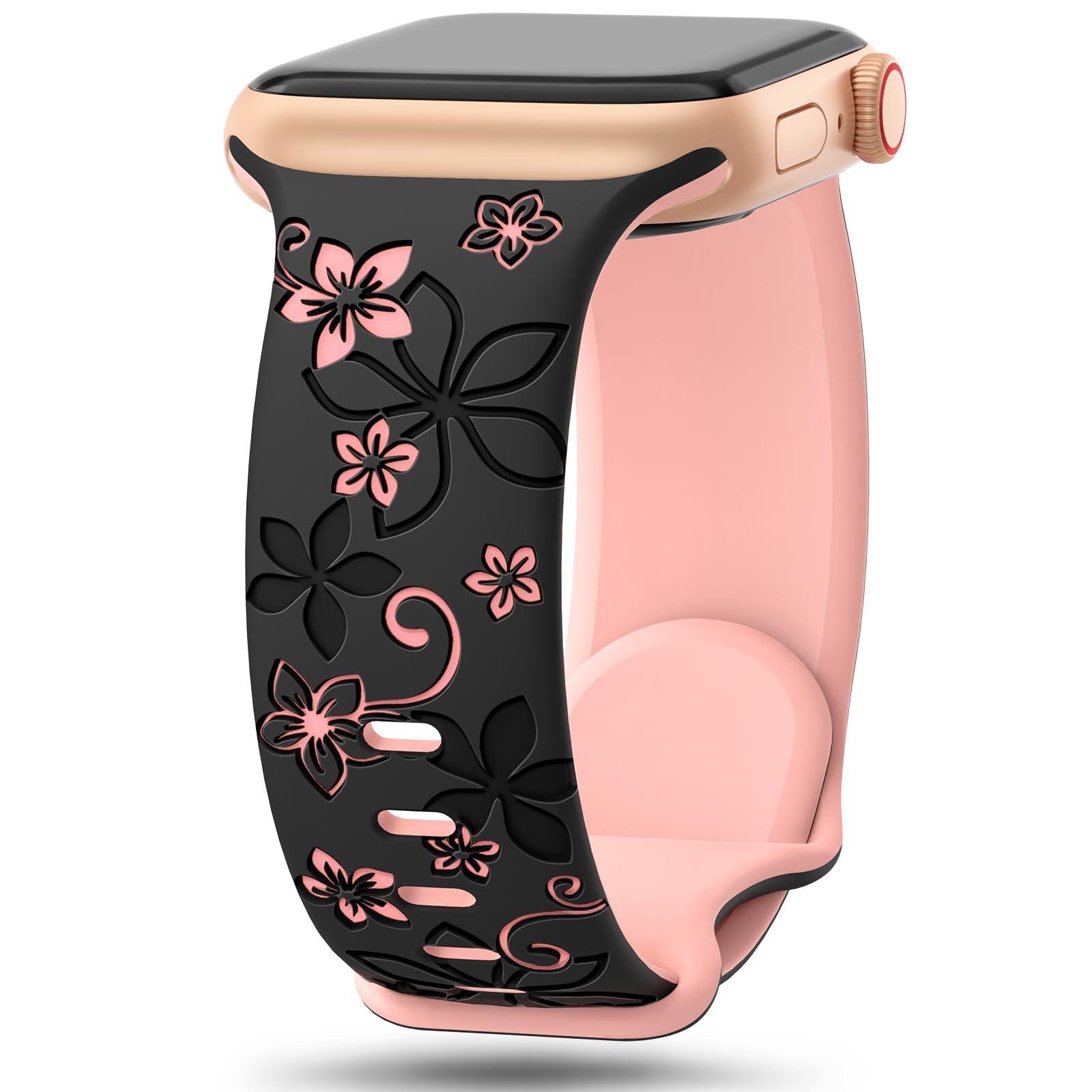 Floral Engraved Apple Watch Bands 38mm 40mm 41mm 42mm 44mm 45mm 46mm 49mm - Soft Silicone Sport Strap Compatible with iWatch Series 10/9/8/7/6/5/4/3/2/1/SE/Ultra - Cute Flower Design for Women - Perfect for Workouts, Daily Wear & Fashion Accessories