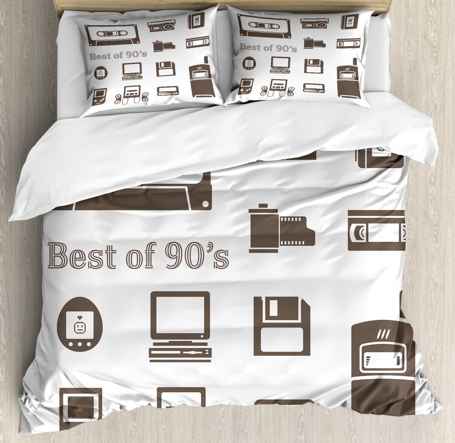 Ambesonne 90s Nostalgia Duvet Cover Set - Retro Video Game & Computer Gadget Print 3-Piece Bedding Set with 2 Pillow Shams, California King Size, Brown | Perfect for Gamers & 90s Themed Bedrooms, Dorm Decor, Gift for Tech Enthusiasts