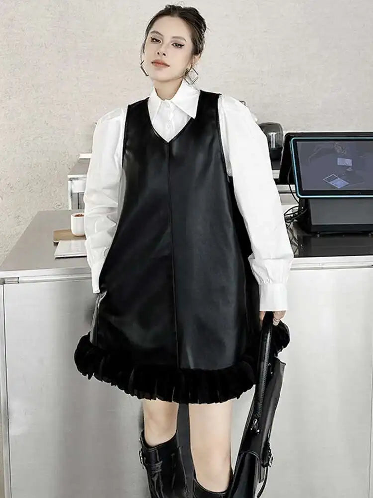 Black Leather Mesh Dress Shirt & Suit Set for Women - Fashionable Two-Piece Lapel Long Sleeve Outfit for Spring & Fall 2025 (Style 1DH9256) | Perfect for Office Wear, Evening Events & Special Occasions