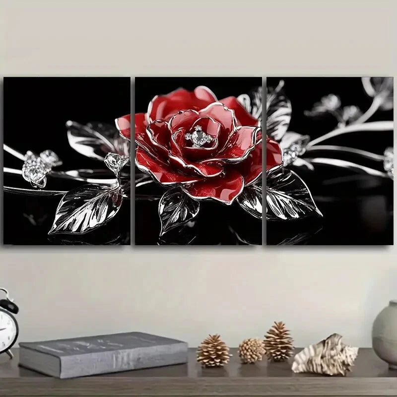 3-Piece Jewel Rose Floral Gem Metal Wall Art - Ready to Hang Home Decor for Living Room, Bedroom & Office - Elegant Botanical Print for Modern Interiors