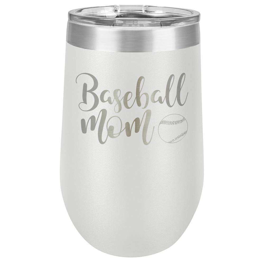 16 oz White Baseball Mom Wine Tumbler with Lid - Laser Engraved Insulated Stainless Steel Cup with Funny Quotes - Perfect Mother's Day Gift for Baseball Moms - Great for Games, Tailgating & Everyday Use - OnlyGifts.com
