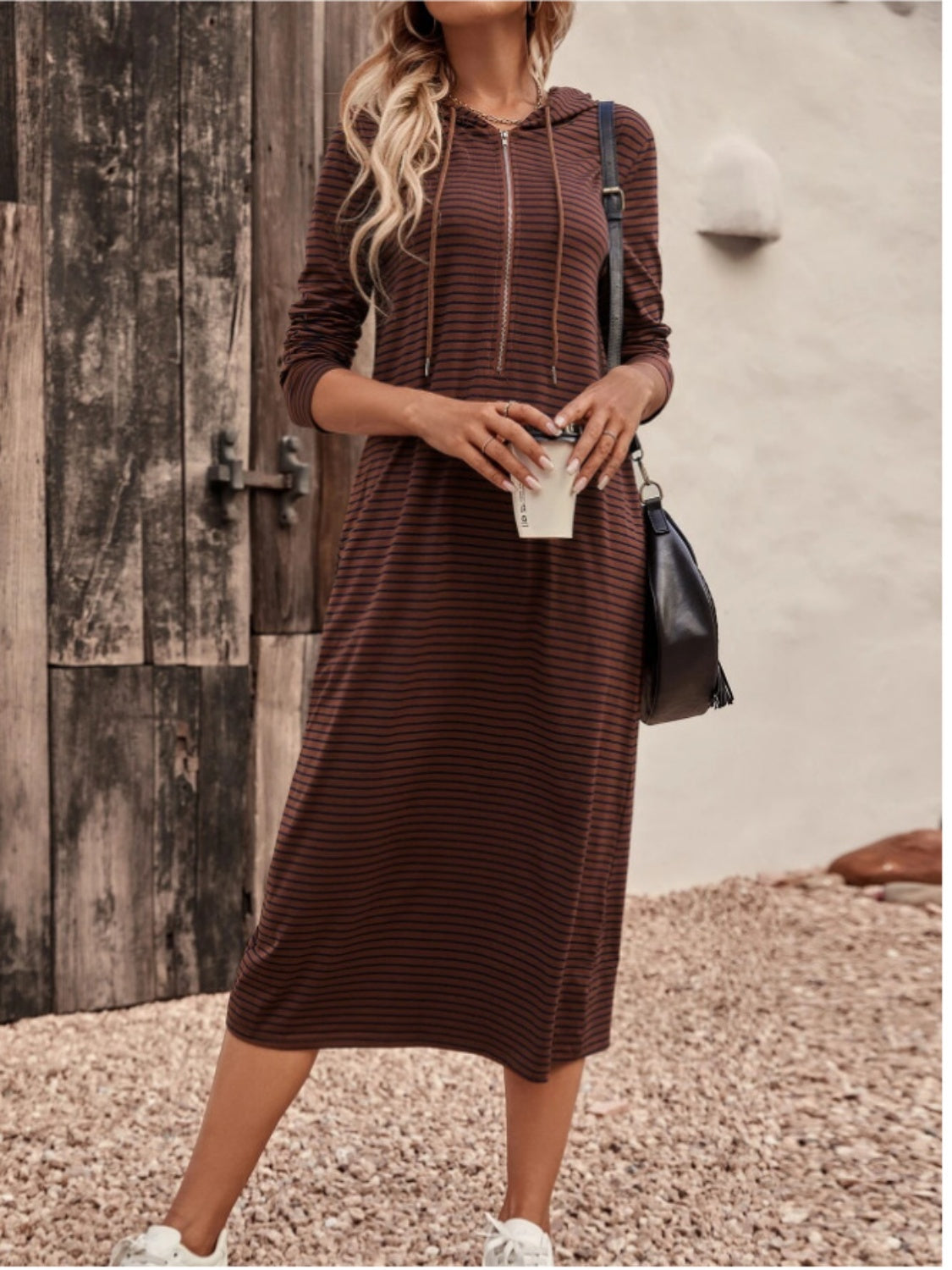Striped Zip Front Hooded Dress for Women - Casual & Stylish Pullover Hoodie Dress for Everyday Wear, Outings, and Layering