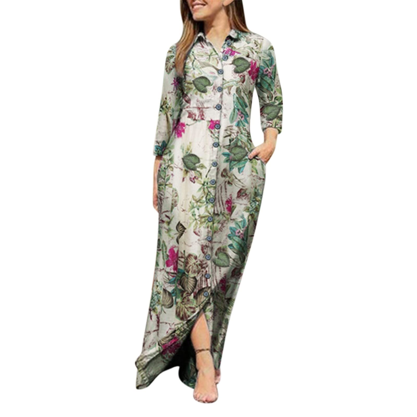 Boho Women's Long Sleeve Wrap Maxi Dress with Buttons & Pockets - Loose Neck Casual V-Neck Dress for Beach, Vacation & Everyday Wear