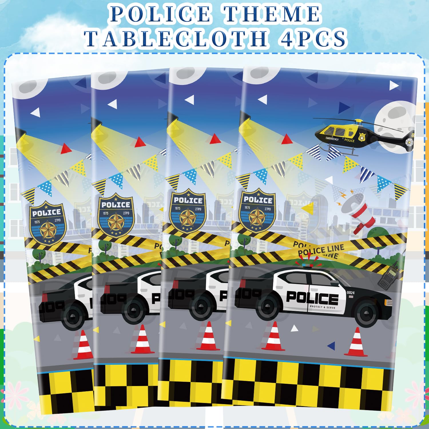 KEFAN 4-Piece Police Birthday Party Tablecloths Set - 51 x 86 Inch Rectangle Police Themed Plastic Table Covers for Kids Birthday Decorations - Perfect for Police Themed Parties, School Events & Birthday Celebrations