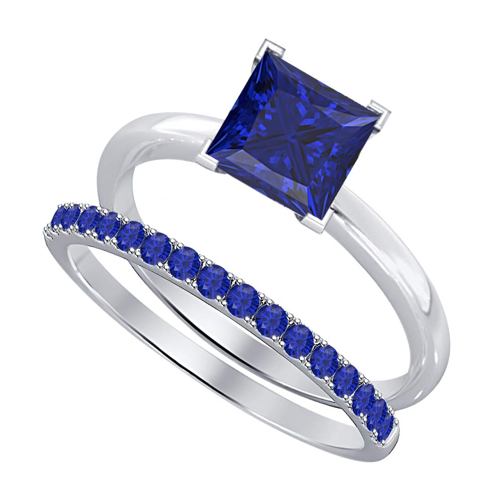 3.65 Carat Princess Cut Blue Sapphire Solitaire Engagement Ring & Wedding Band Set for Women - 14k Gold Plated .925 Sterling Silver - Perfect for Proposals, Anniversaries & Bridal Jewelry