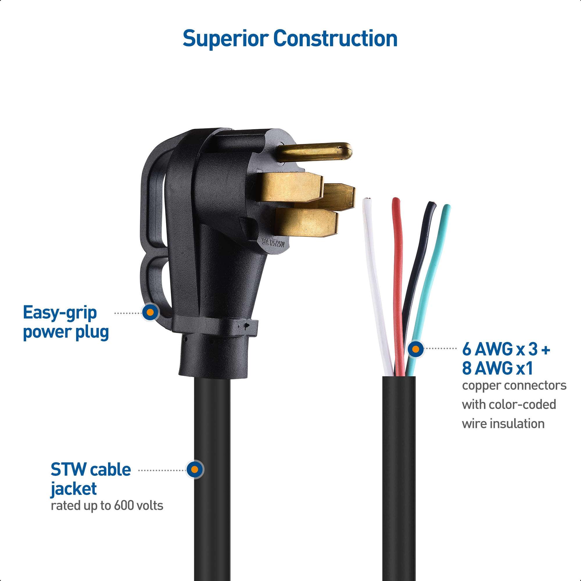50 AMP RV Power Cord 10ft - Heavy Duty 6/8 AWG Generator Extension Cable | NEMA 14-50P to 4 Wire | Compatible with Tesla Charger, EV Charger & J1772 | Perfect for RV Camping, Home Backup Power & Electric Vehicle Charging