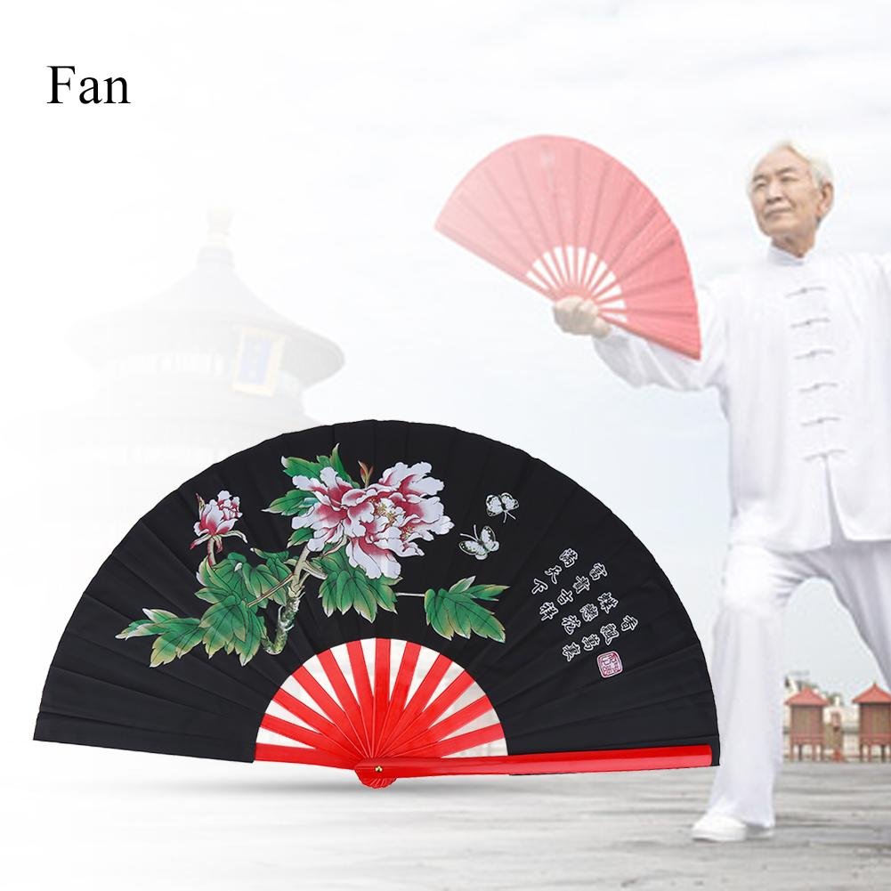 Traditional Chinese Bamboo Tai Chi Fan - Large Foldable Hand Fan for Kung Fu, Martial Arts, Wushu Dance Practice & Training - Silk Rave Fan with Right Hand Grip (Black) | Perfect for Tai Chi Exercises, Kung Fu Training, Dance Performances & Summer Cooling