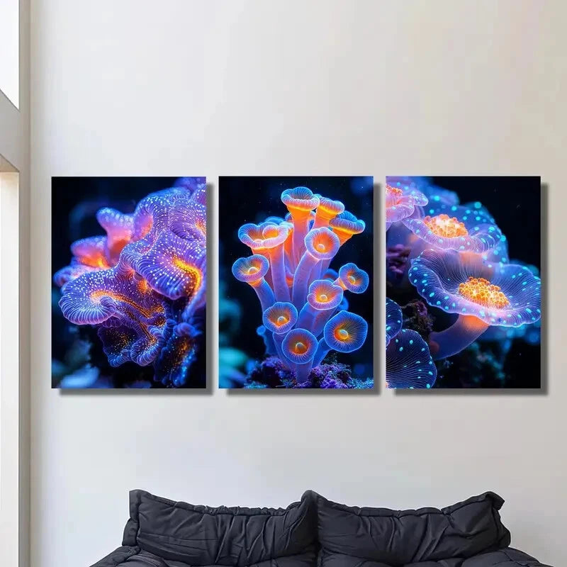 3-Piece Colorful Coral Reefs Bloom with Various Flowers Metal Print Wall Art - Ready to Hang for Living Room, Bedroom & Office Decor