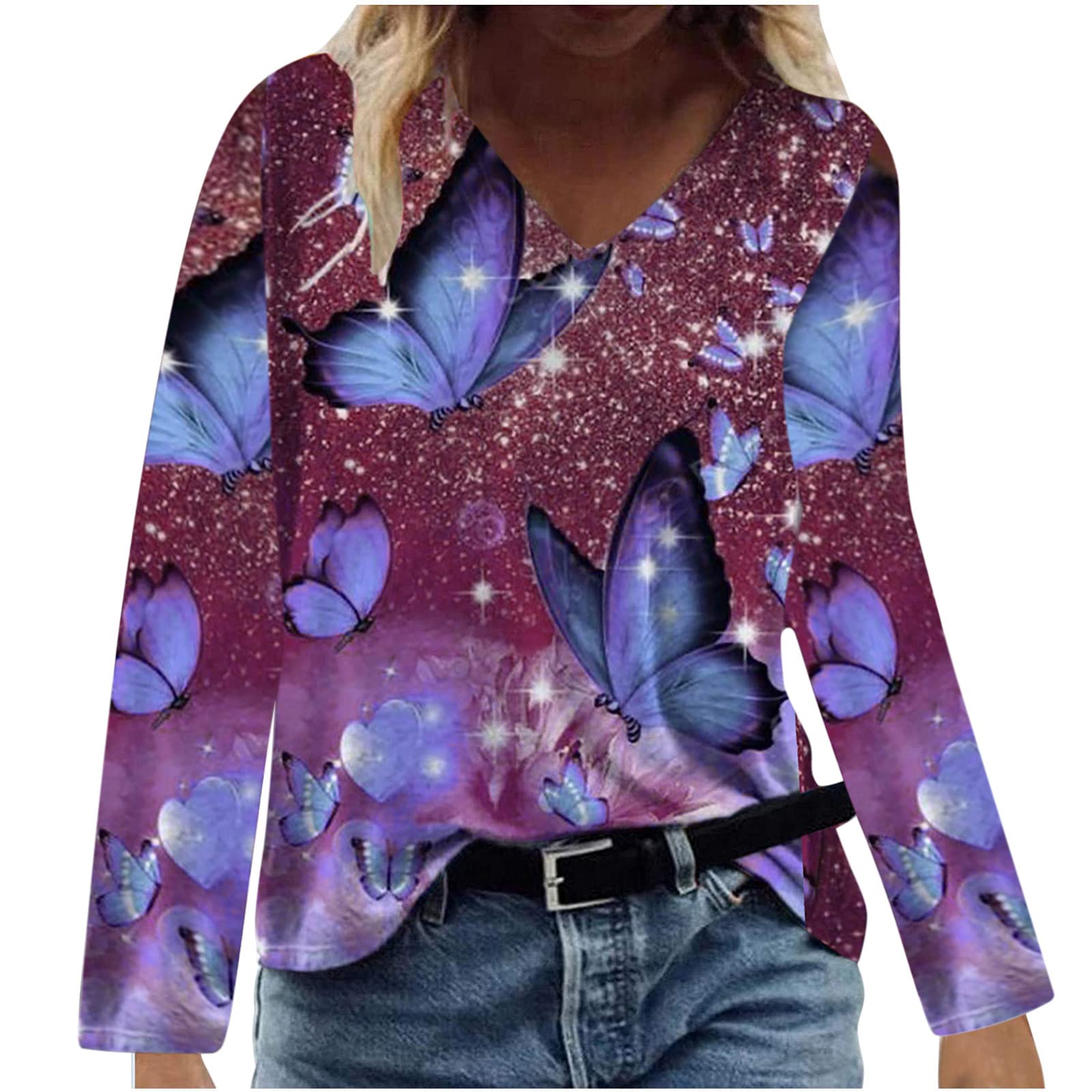 Maikouhai Women's Butterfly Print Long Sleeve Tunic Top - Fall Casual Loose Fit Blouse for Teens & Ladies | Perfect with Leggings for Work, Date Night & Everyday Wear