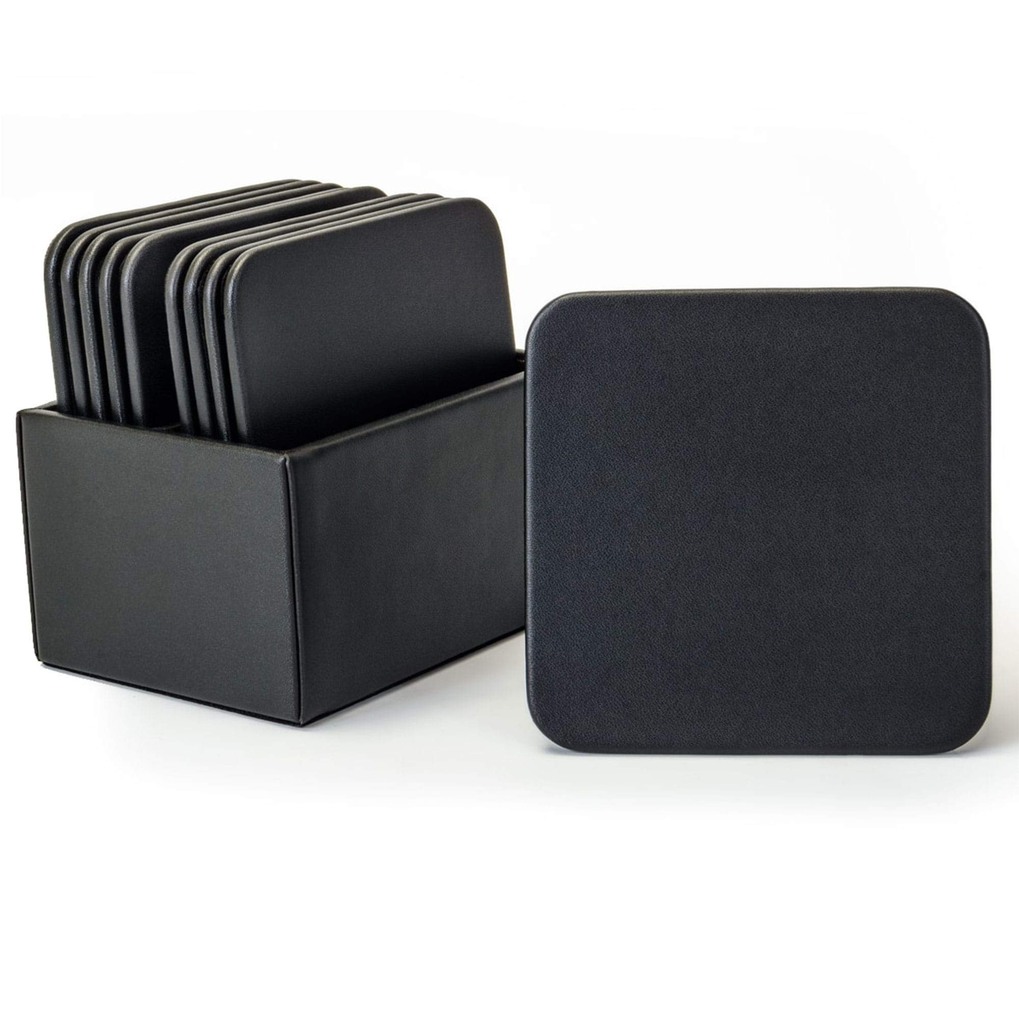 Premium Dacasso Black Leather 10-Piece Square Coaster Set with Elegant Holder - Perfect for Home, Office, Bar, and Dining Table Protection