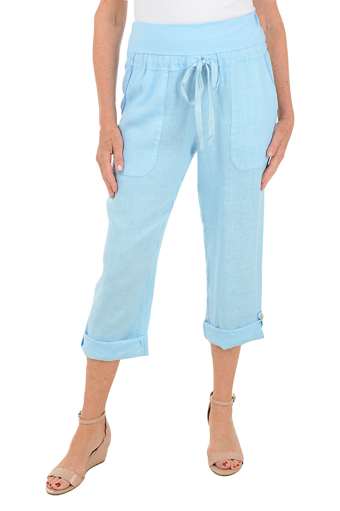Linen Buttoned Roll Tab Capri Pants for Women - Comfortable Summer Casual Pants for Travel, Beach & Lounge Wear