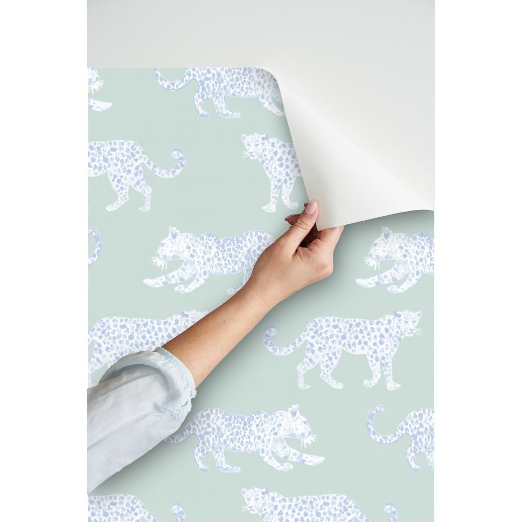 Peel & Stick Removable Wallpaper 9ft x 2ft - White Light Blue Sage Spots Animal Leopard Print Soft Green Custom Wallpaper by Spoonflower | Perfect for Nursery, Bedroom, Office & Home Decor
