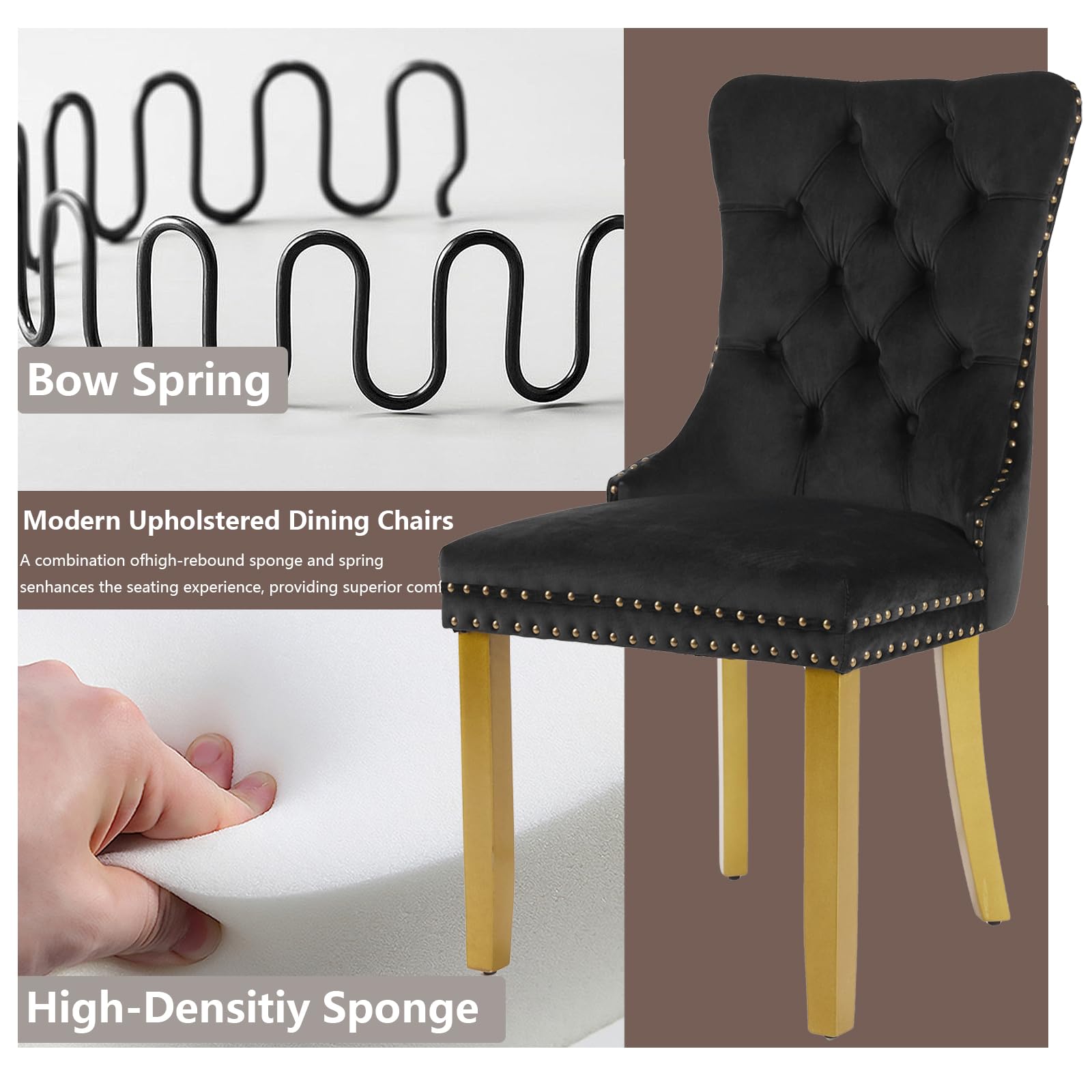 Luxury Velvet Dining Chairs Set of 4 - Modern Tufted Upholstered Kitchen Chairs with Lion Head Pulls & Solid Wood Gold Legs - Elegant Black Dining Room Chairs for Home, Restaurant, Wedding Decor