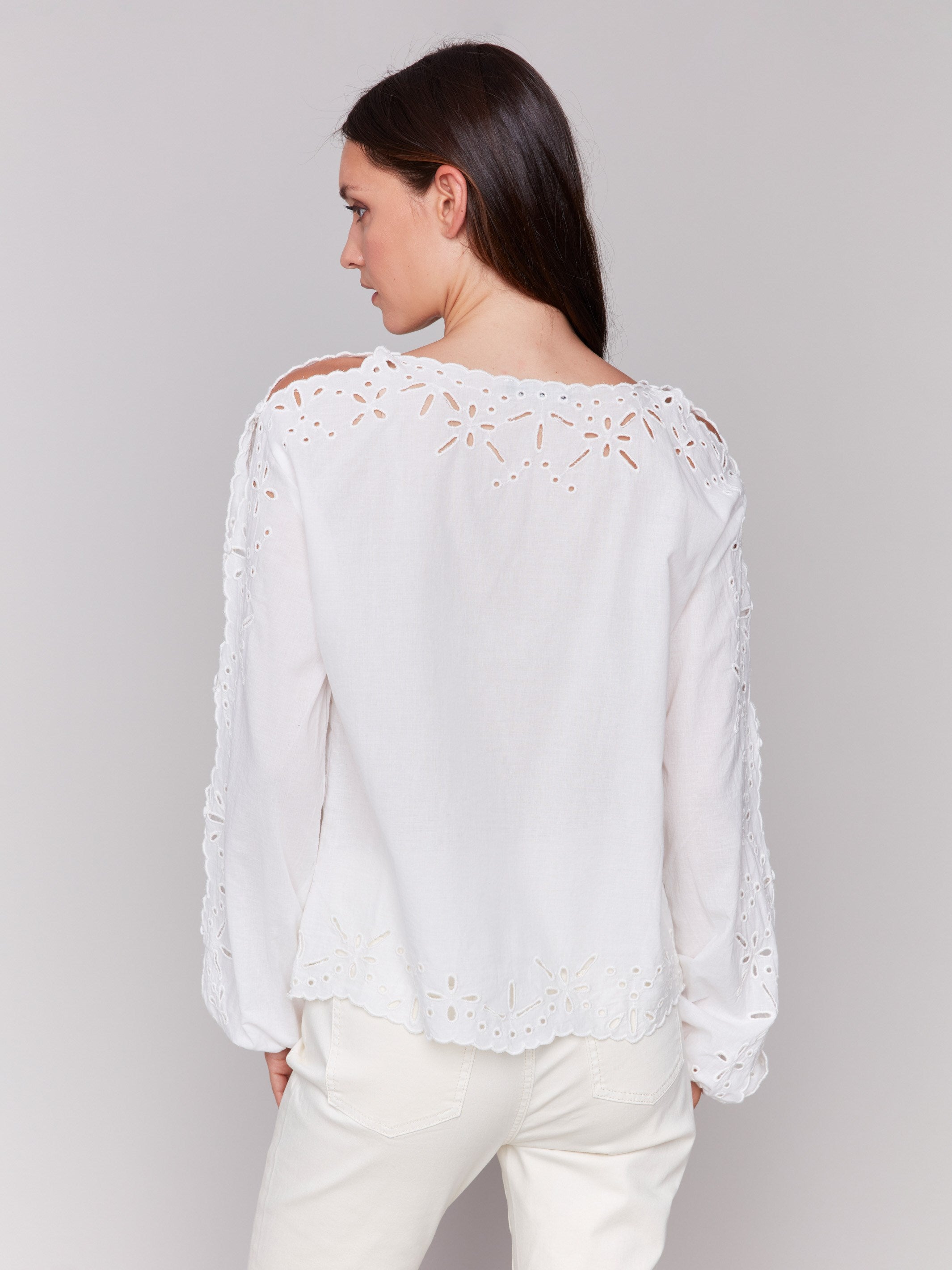 Elegant White Eyelet Cotton Long Sleeve Blouse for Women - Perfect for Office, Date Night & Spring Outfits