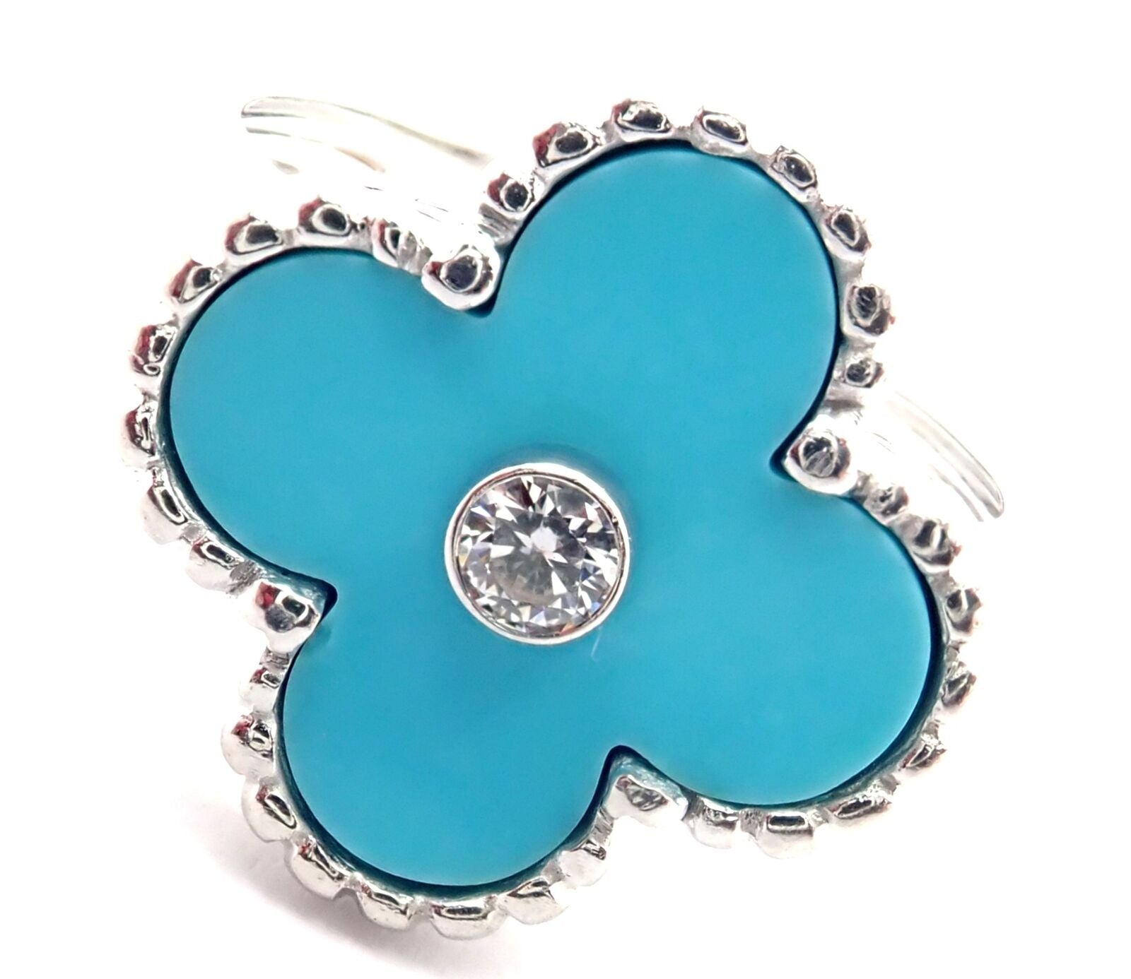 Authentic Van Cleef & Arpels Alhambra 18k White Gold Diamond Turquoise Ring - Luxury Jewelry for Weddings, Anniversaries & Special Occasions