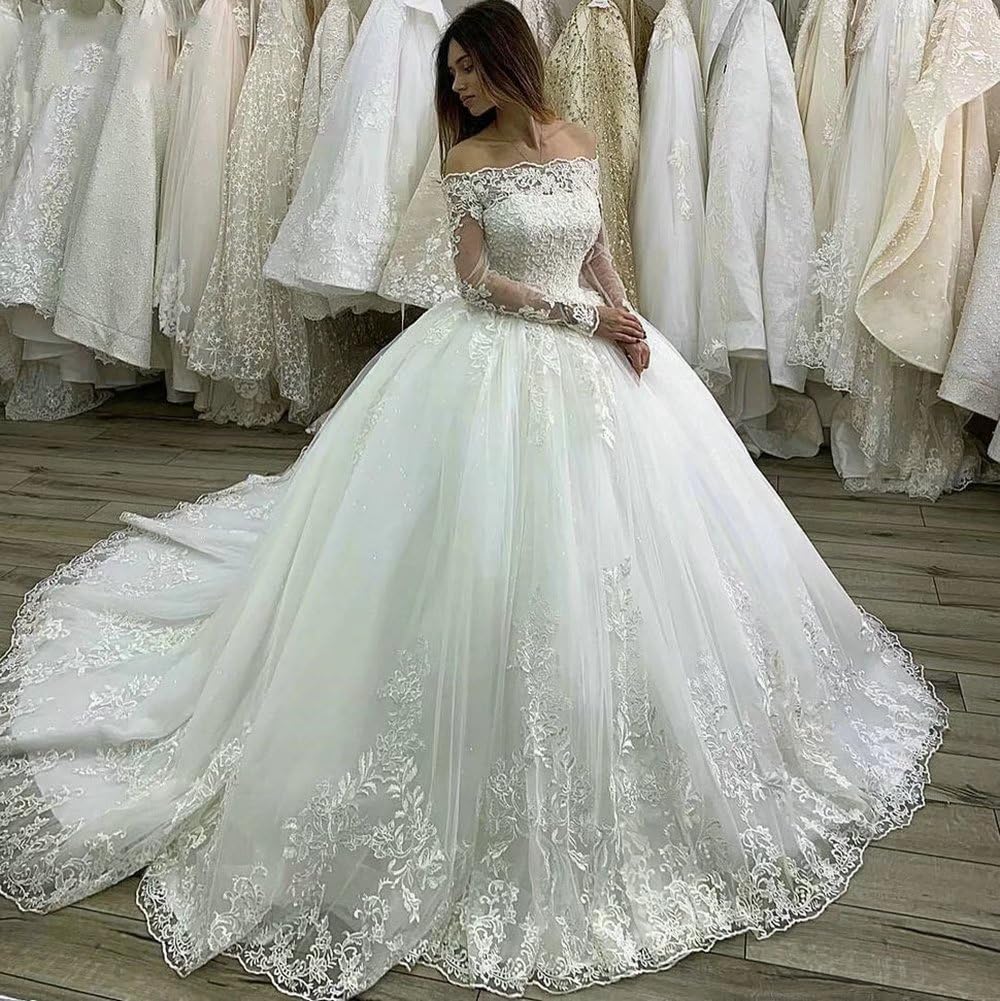 Luxury Long Sleeve Lace Wedding Dress for Bride - Off Shoulder Ball Gown Bridal Gown with Appliques - Perfect for Church Ceremony, Beach Wedding, and Formal Reception