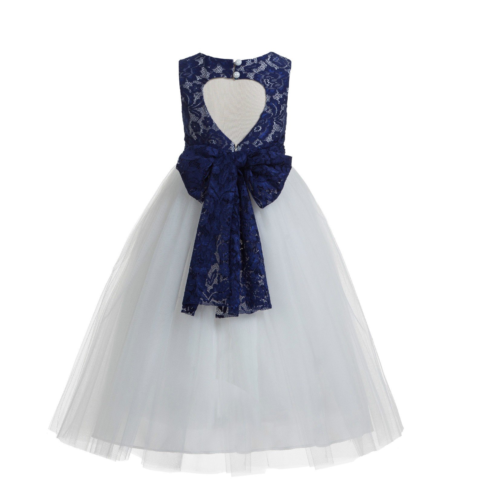 Navy Blue Floral Lace Heart Cutout Flower Girl Dress - Elegant Formal Pageant Gown for Weddings, Baptisms & Special Occasions | Size 172