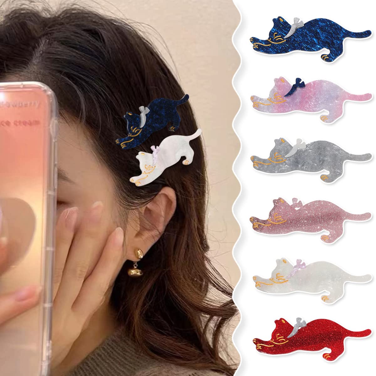 4 Pack Acrylic Duckbill Hair Clips for Women - Cute Cat & Starry Sky Pattern Hair Accessories for Girls, Bangs & Ponytail - Perfect for School, Parties & Daily Styling