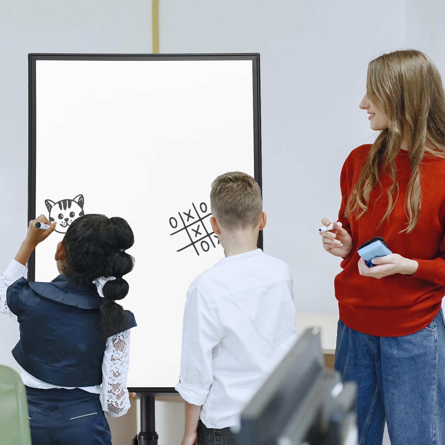 TSJ OFFICE 36x24 Inches Magnetic Dry Erase Whiteboard - Adjustable Height Rolling Mobile Whiteboard with Wheels & Flip Chart Hooks, Black - Perfect for Office Meetings, Classroom Presentations & Home Office Organization