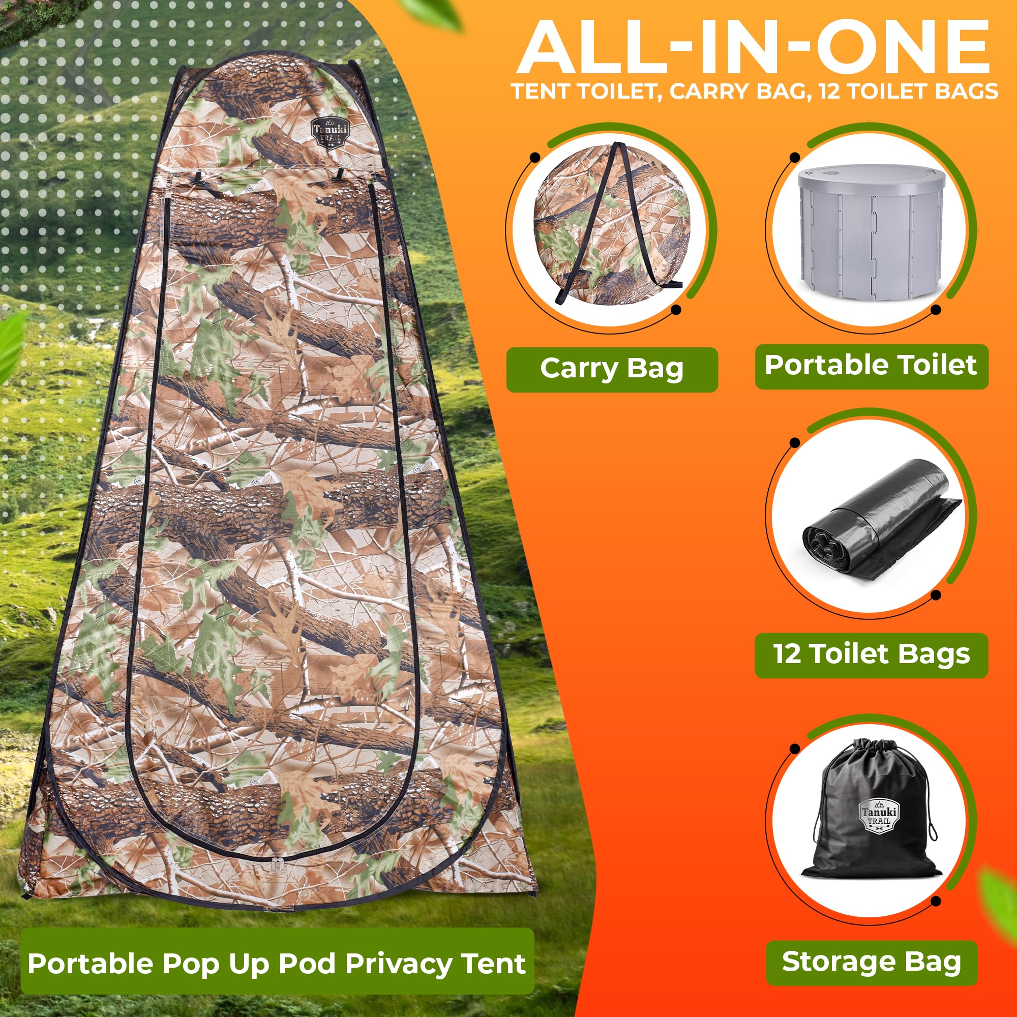Waterproof Portable Camping Toilet Tent for Adults - Outdoor Privacy Bathroom Shelter with 12 Waste Bags - Lightweight & Compact Porta Potty for Camping, Hiking, RV Trips & Emergency Use