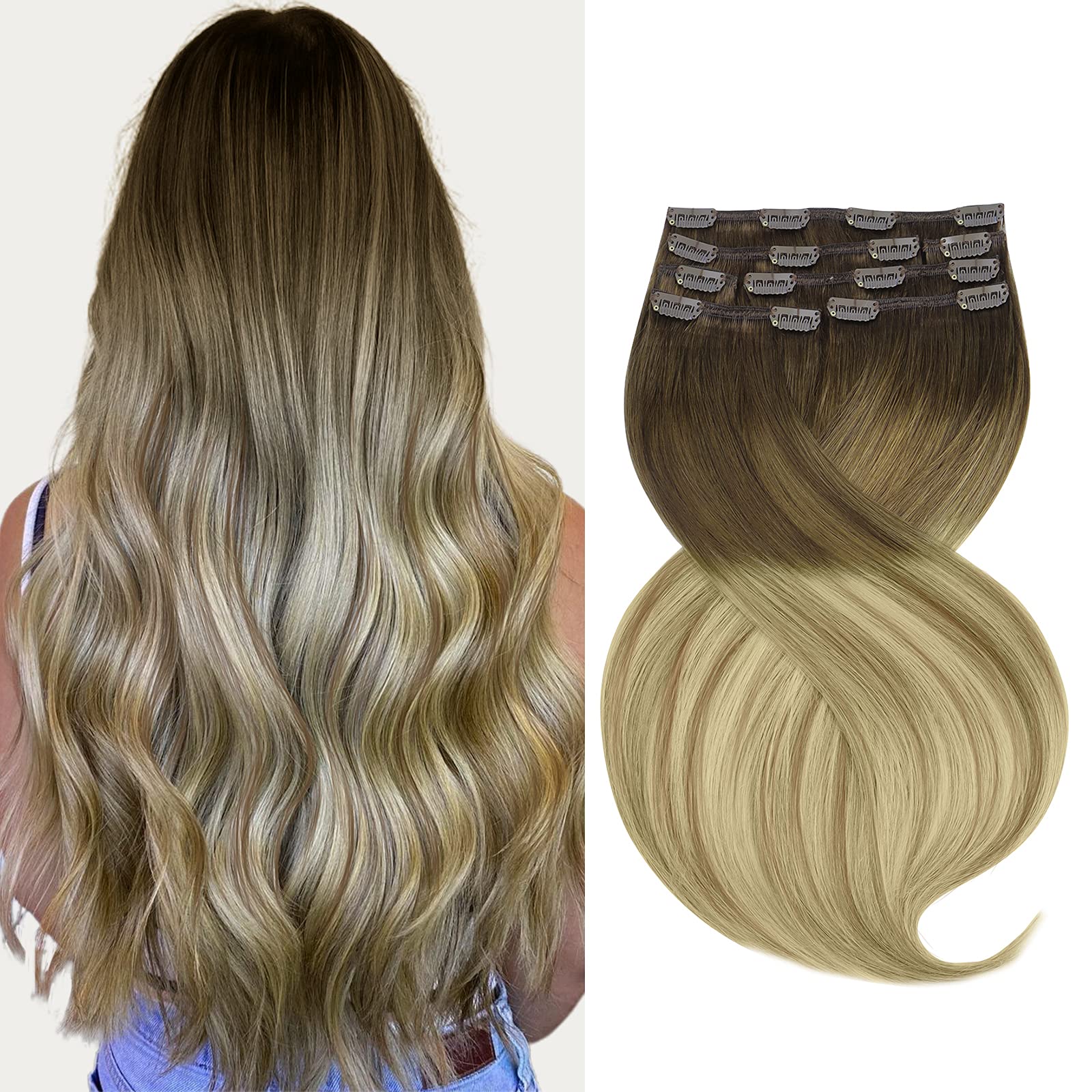 Marat Clip in Human Hair Extensions 18 Inch 120g - Walnut Brown, Ash Brown & Bleach Blonde Straight Remy Hair - Perfect for Parties, Weddings & Daily Styling