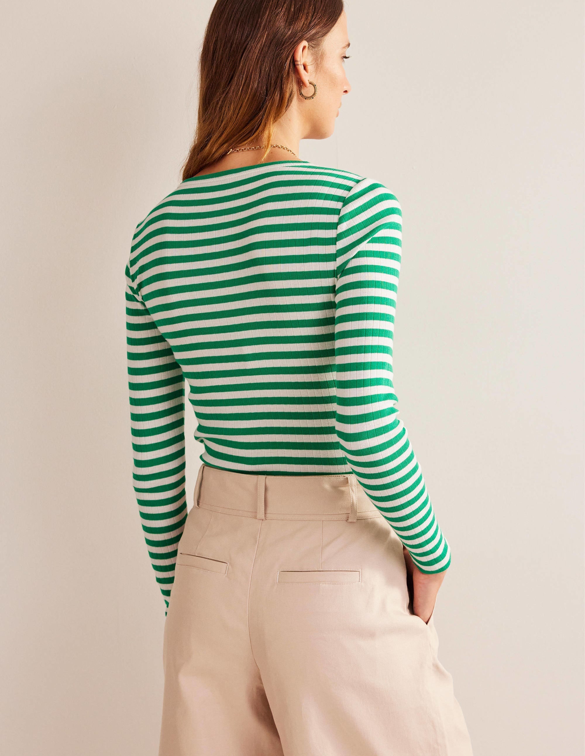 Anna Rib Crew T-Shirt for Women - Soft Meadow Green with Ivory Stripe - Casual Comfort Fit for Everyday Wear & Layering