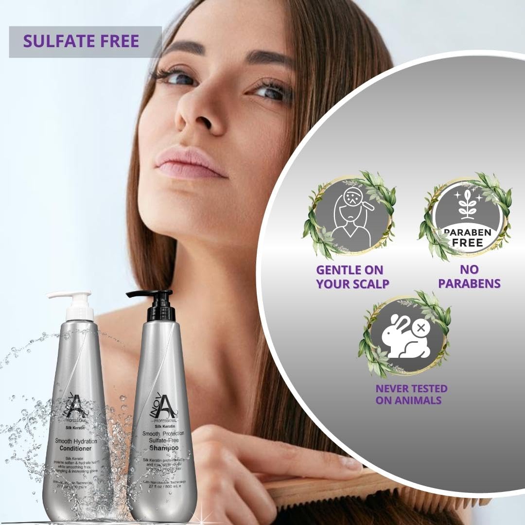 Silk Keratin Shampoo & Conditioner Set - Sulfate-Free Smooth Protection Shampoo & Hydrating Conditioner (27oz) for Dry, Damaged Hair - Salon Quality Hair Care for Frizz Control & Shine Enhancement | Perfect for Daily Use & Color-Treated Hair