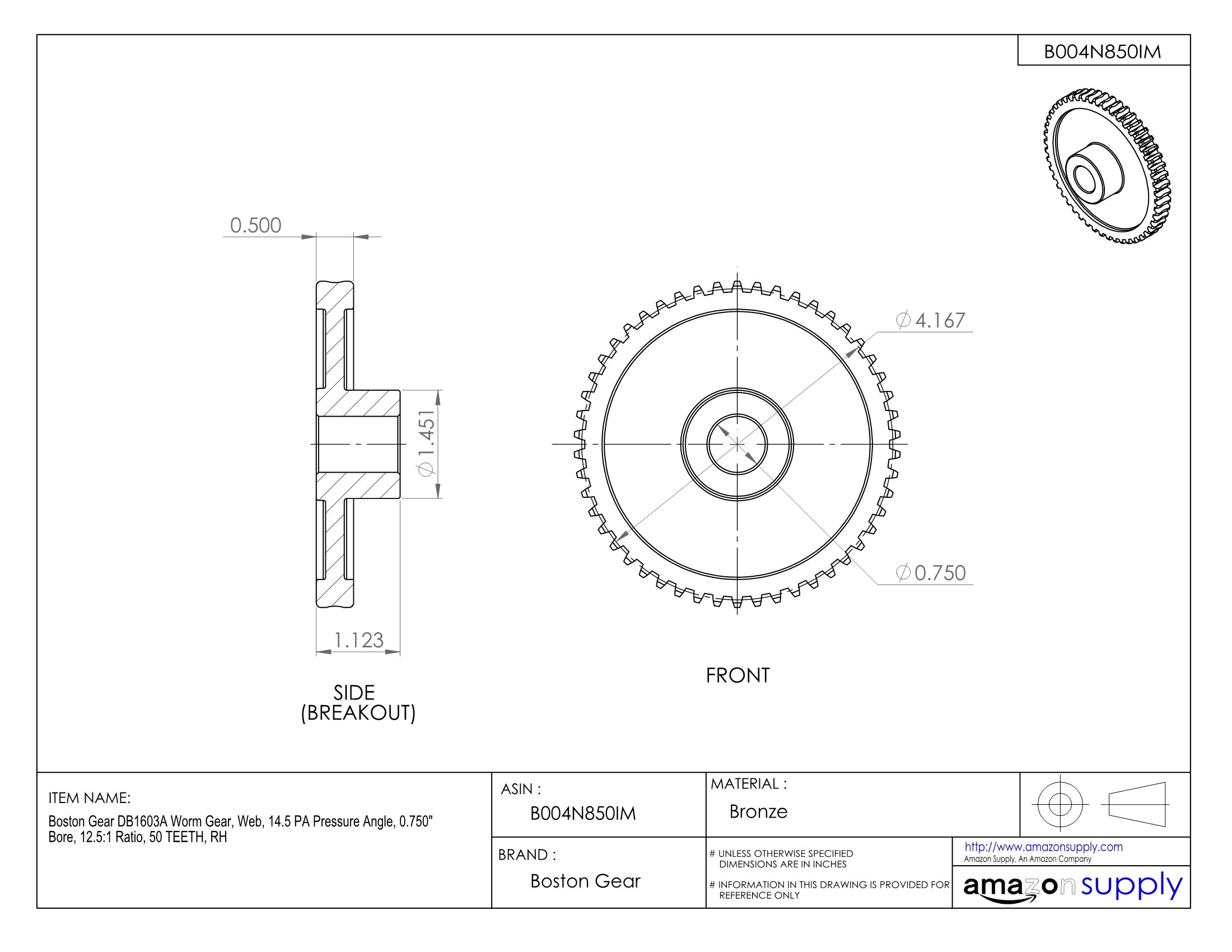 DB1603A Worm Gear - 14.5 PA Pressure Angle, 0.750