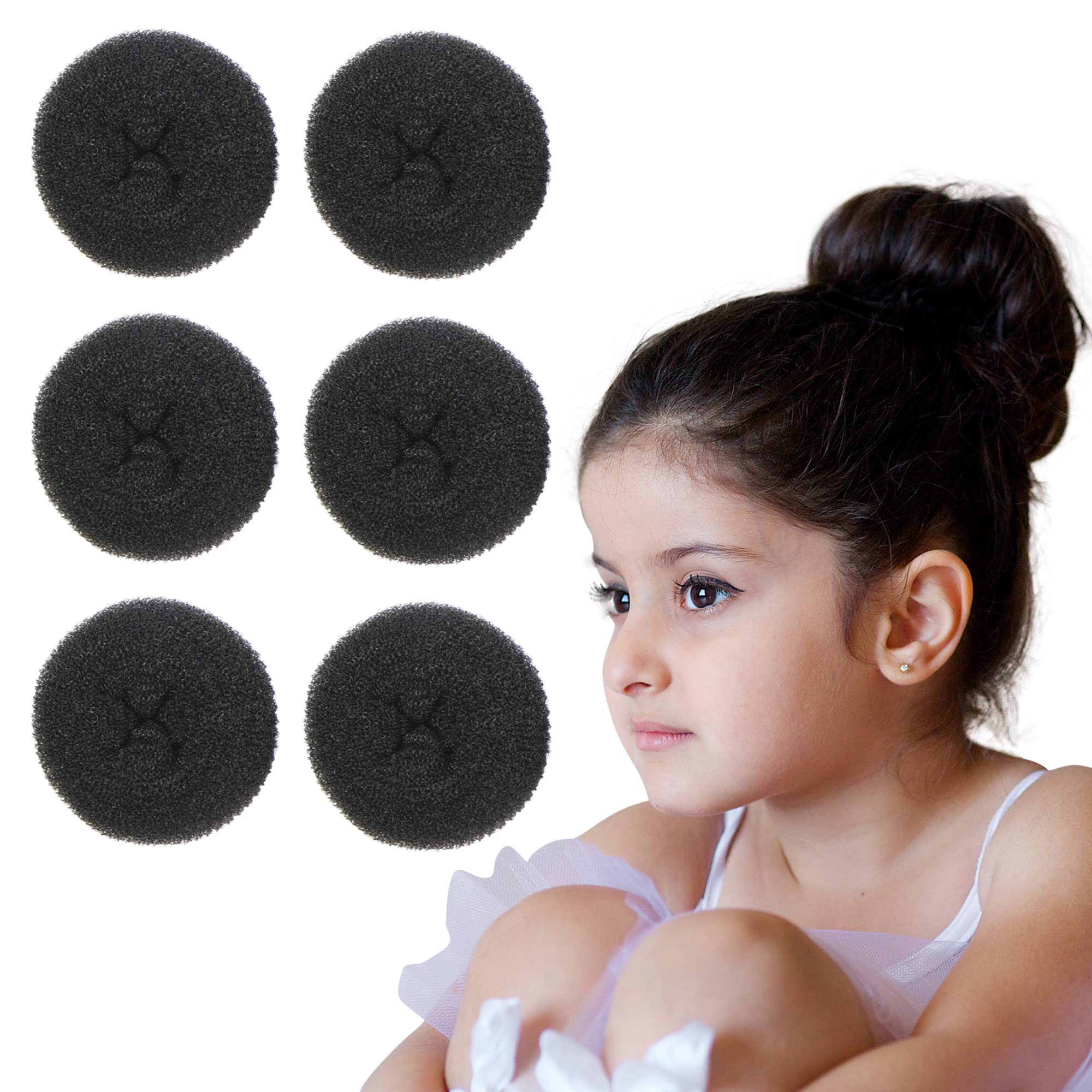 Styla Hair Small Bun Maker for Kids - 6pc Black 2 Inch Hair Donut for Ballet, Dance & Sock Buns | Easy DIY Hairstyles for School, Performances & Everyday Wear