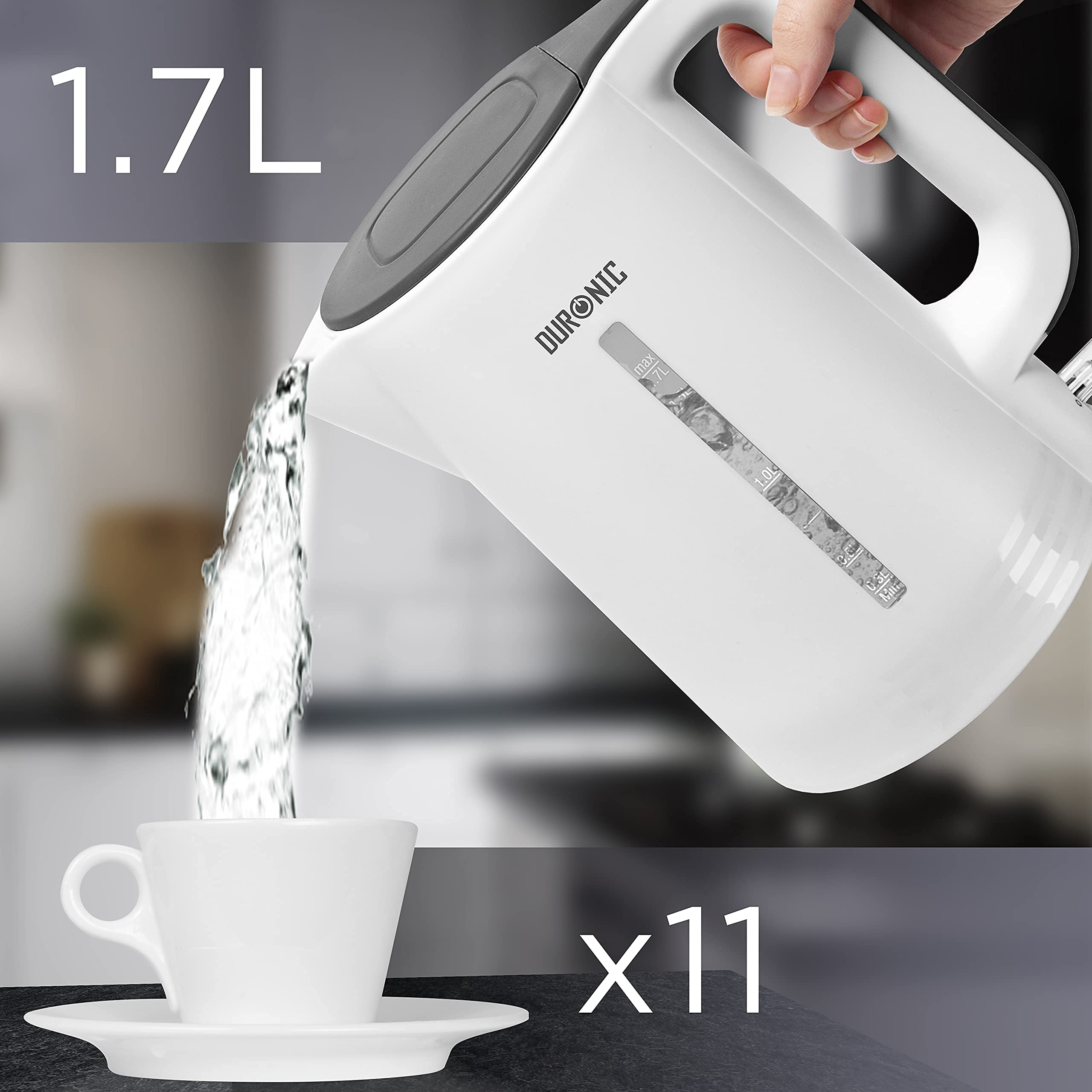 Duronic EK17 WE Cordless Electric Kettle - Fast Boiling, Dry Protection, Quiet Operation - Stainless Steel Water Boiler for Tea, Coffee, Hot Chocolate & Soup - Perfect for Home, Office & Dorm Use (White)