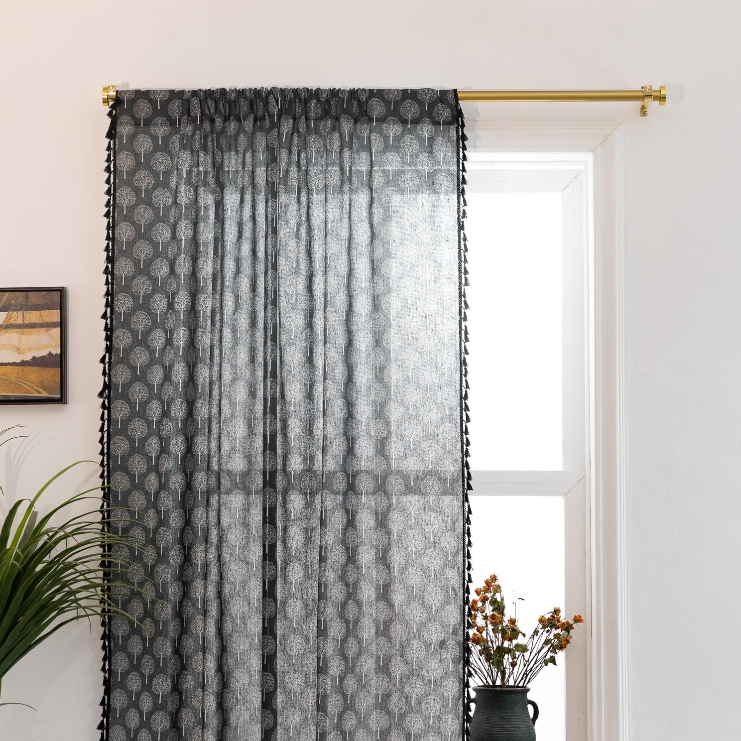 ABREEZE Blackout Curtains - Boho Black & White Tree Print with Tassels, 59x63 Inch 2 Panels, Cotton Blend Rod Pocket Window Drapes for Living Room & Bedroom - Perfect for Nursery, Dorm, or Home Office Decor