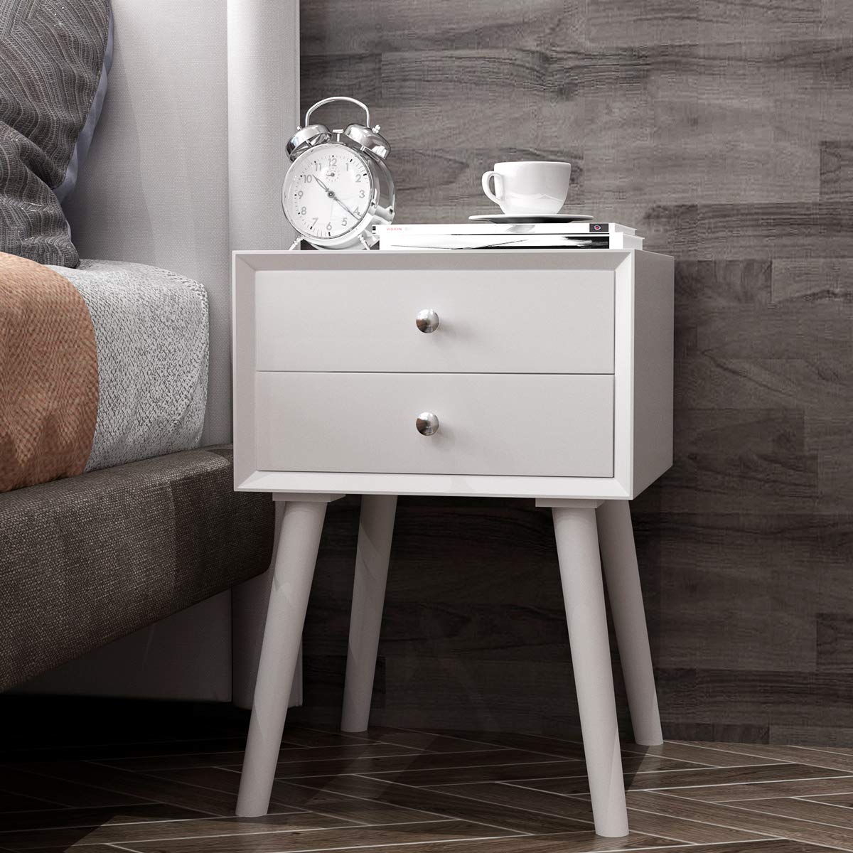 Giantex White Nightstand with 2 Drawers - Solid Wood Bedside Table for Bedroom & Living Room
