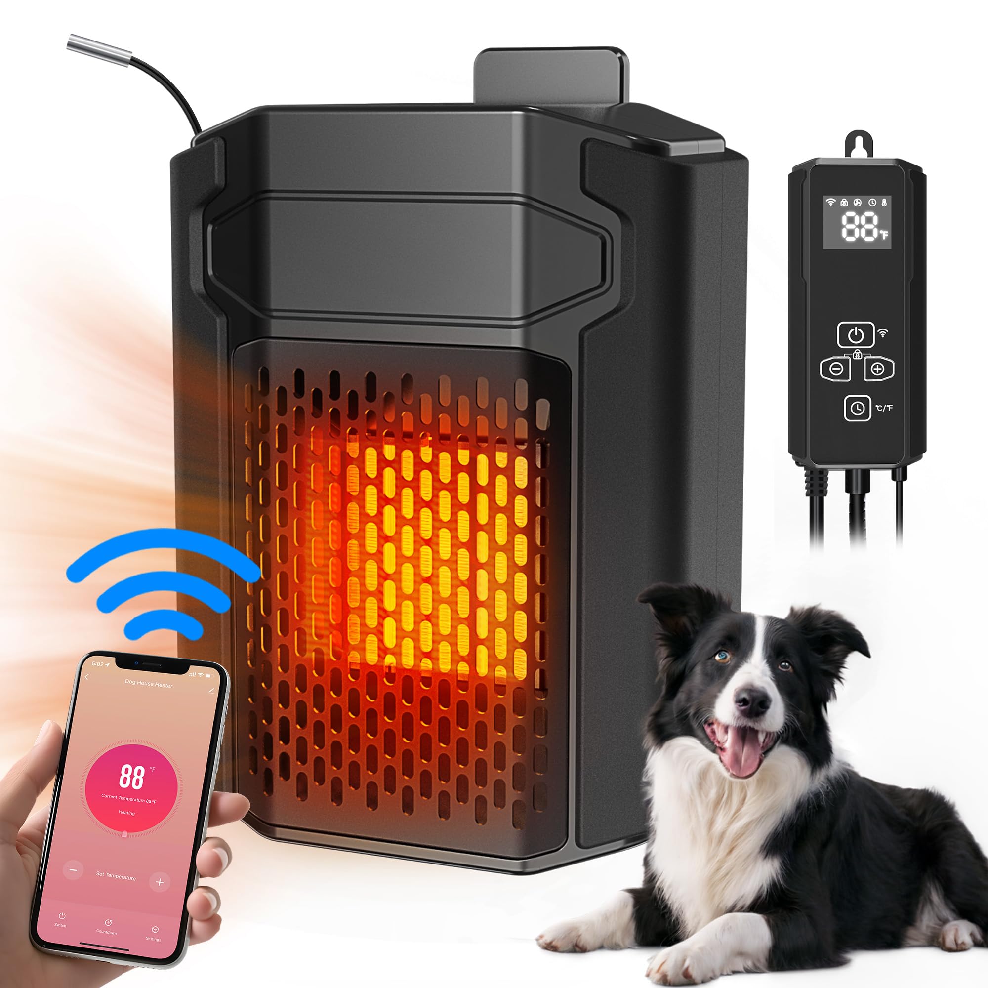 500W WiFi Dog House Heater with Thermostat & APP Control - Outdoor Pet Heater with 6.5FT Temperature Probe, Adjustable Temperature & Timer - Perfect for Winter Kennels, Garages, and Outdoor Dog Houses