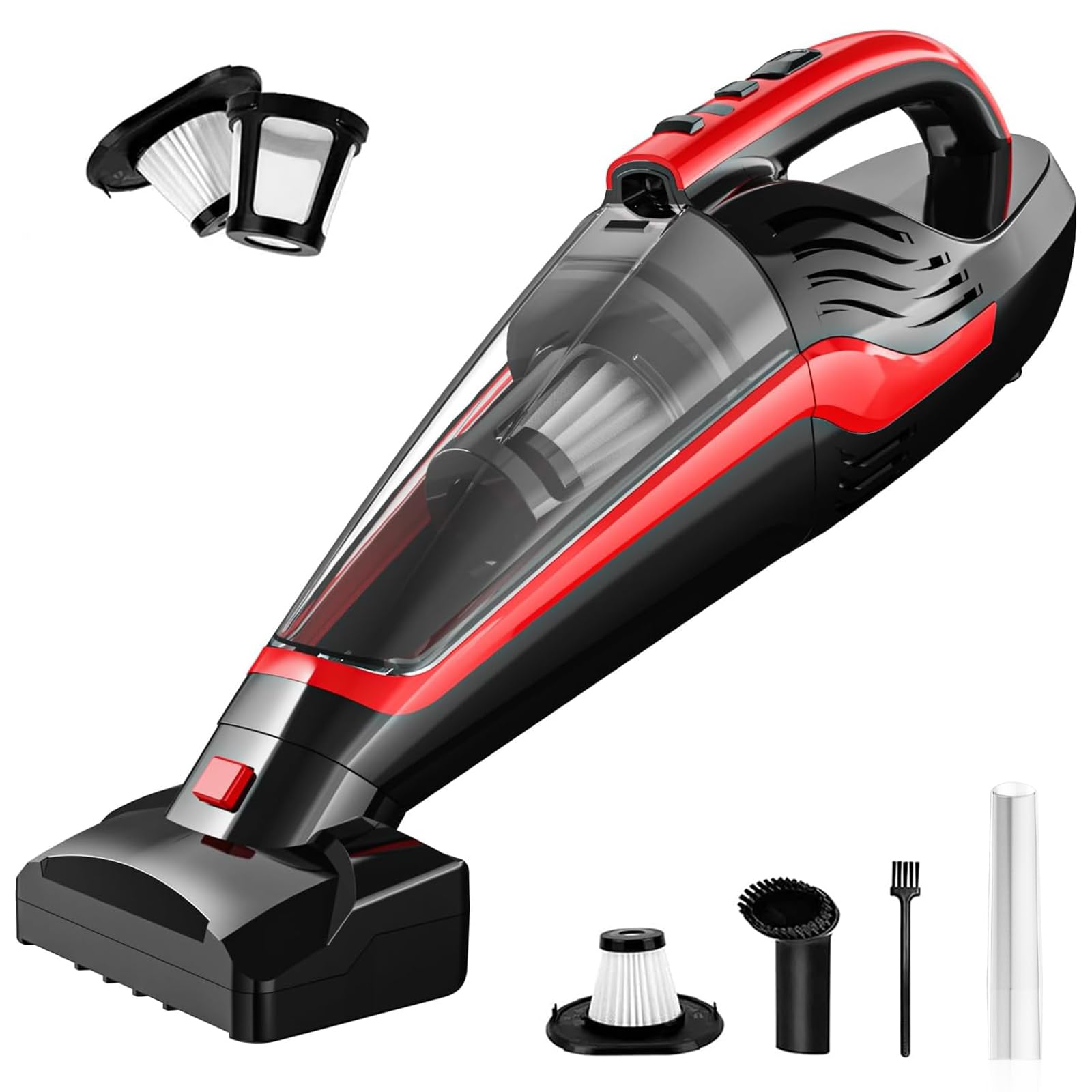 Best Cordless Handheld Vacuum for Pet Hair - Rechargeable Car Vacuum Cleaner with Motorized Brush & Washable Filter | Perfect for Carpets, Couches, Stairs & Car Interiors | Portable & Lightweight (17.4x4.6x6.6 inches, Red)