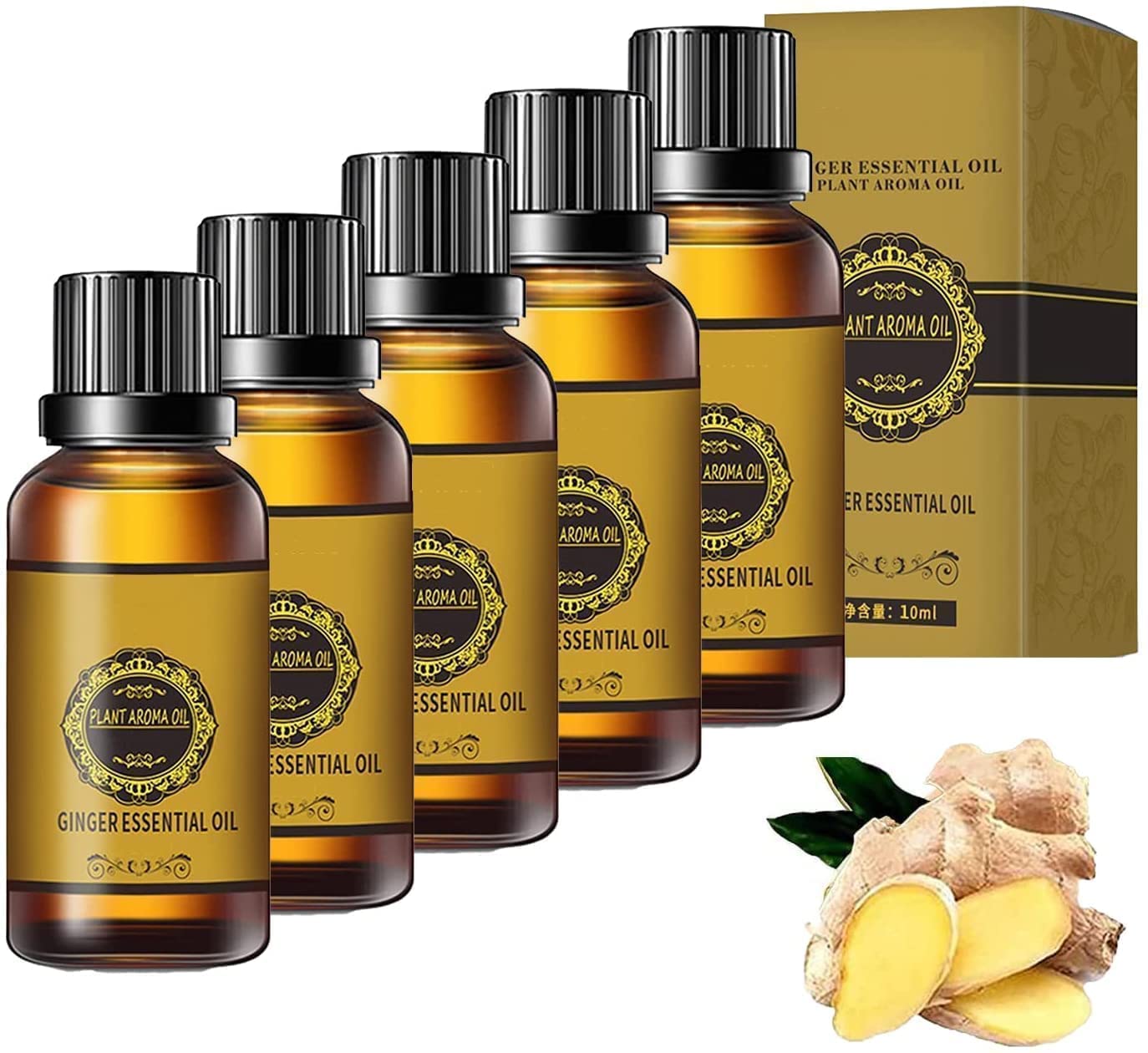 Natural Ginger Massage Oil for Belly Drainage - 100% Pure Ginger Essential Oil for Relaxation & Detox - Aromatherapy Plant-Based Massage Liquid (5Pcs) - Perfect for Post-Workout Recovery & Stress Relief
