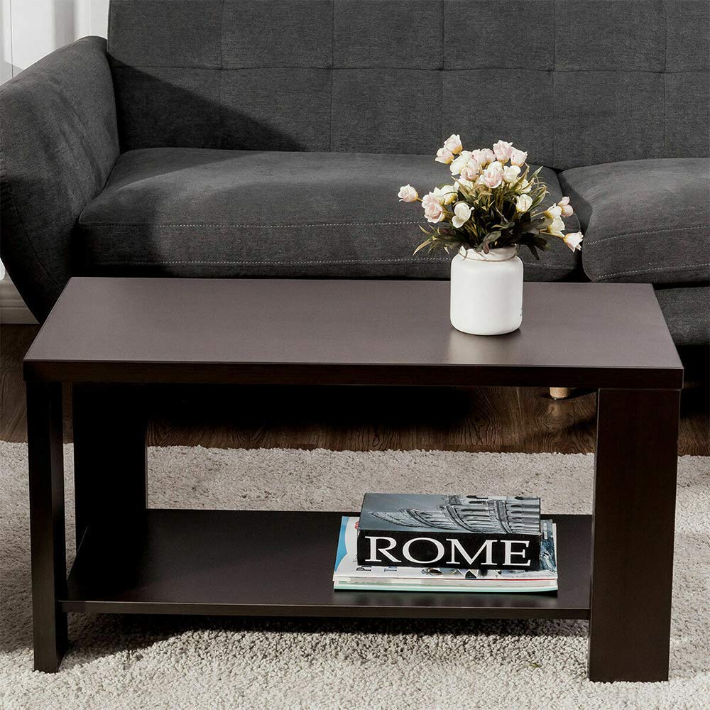 Dark Brown Coffee Wood Rectangular Cocktail Table with Storage Shelf - 31.5