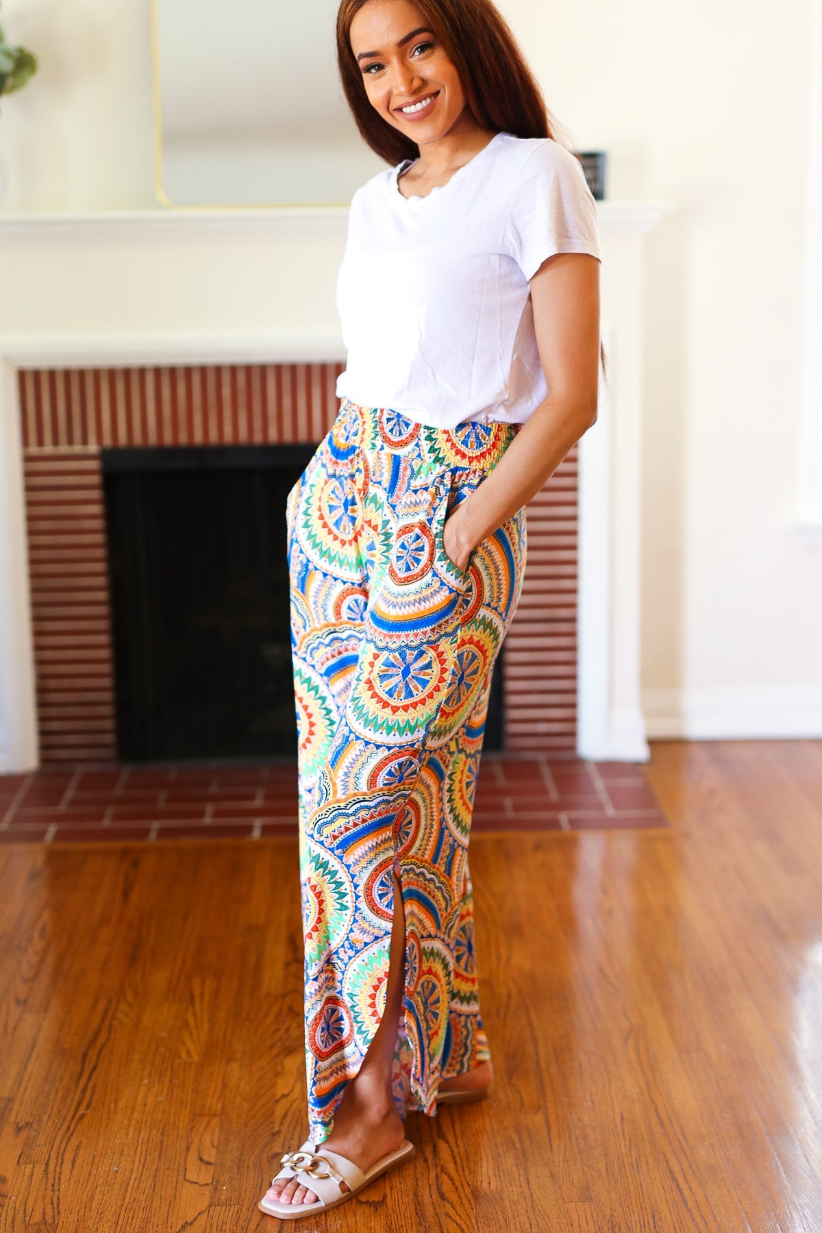 Stylish Multicolor Mandala Print Smocked Waist Palazzo Pants with Side Slits | Boho Chic Yoga Lounge Pants for Women | Perfect for Casual Wear, Beach Outfits & Festival Fashion